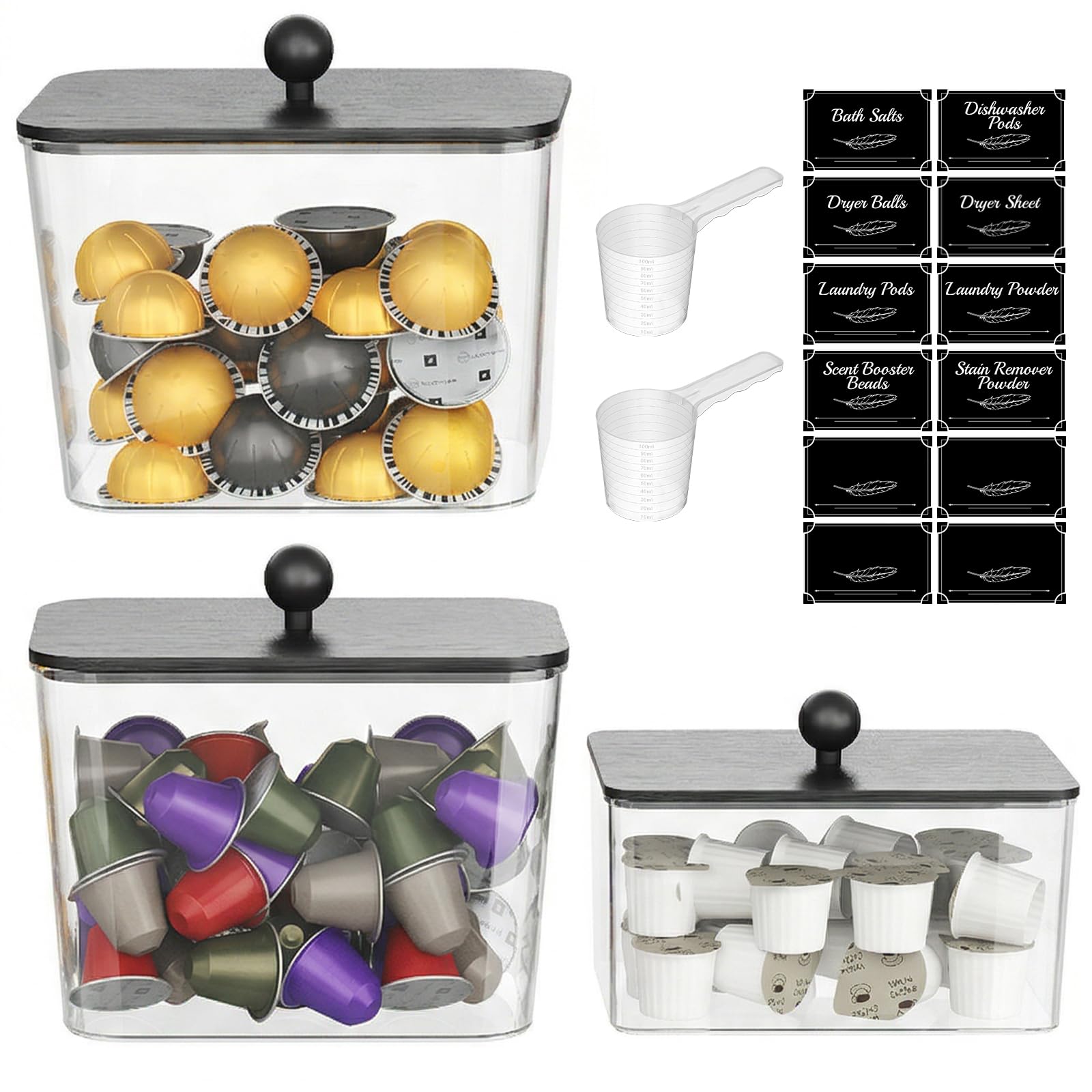 Lifewit Laundry Pods Container with Lid, 0.53+0.7gal, Black, 3 Pcs