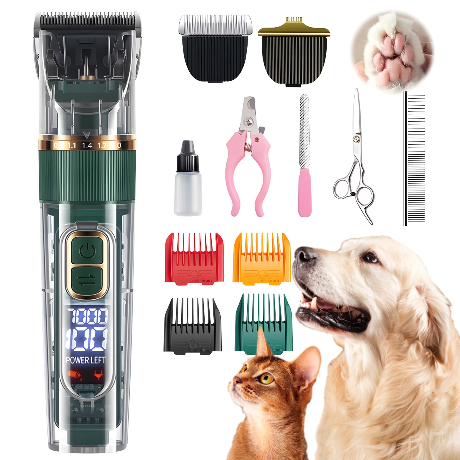 Dog Clippers, Professional Dog Grooming kit, Cat Clipper for Long Hair, with LED Display and 4 Limit Combs, 3-Speed Adjustment, IPX7 Waterproof, Easy Cleaning, Animal Clipper (Green)