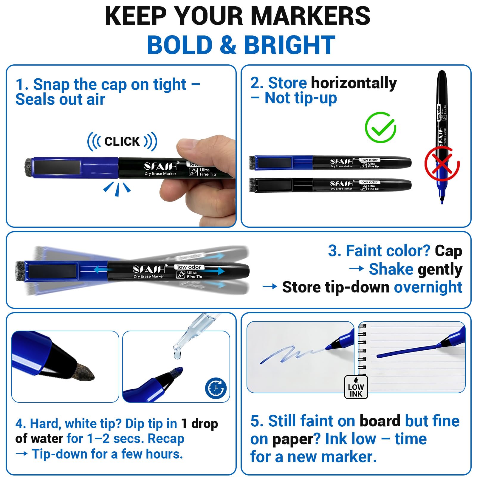 SFAIH Magnetische, trocken abwischbare Marker, ultrafeine Spitze, 0,7 mm feine Spitze, dünne Marker für detaillierte Kalender und kleine Raster, geruchsarme Whiteboard-Marker mit Radierkappe für