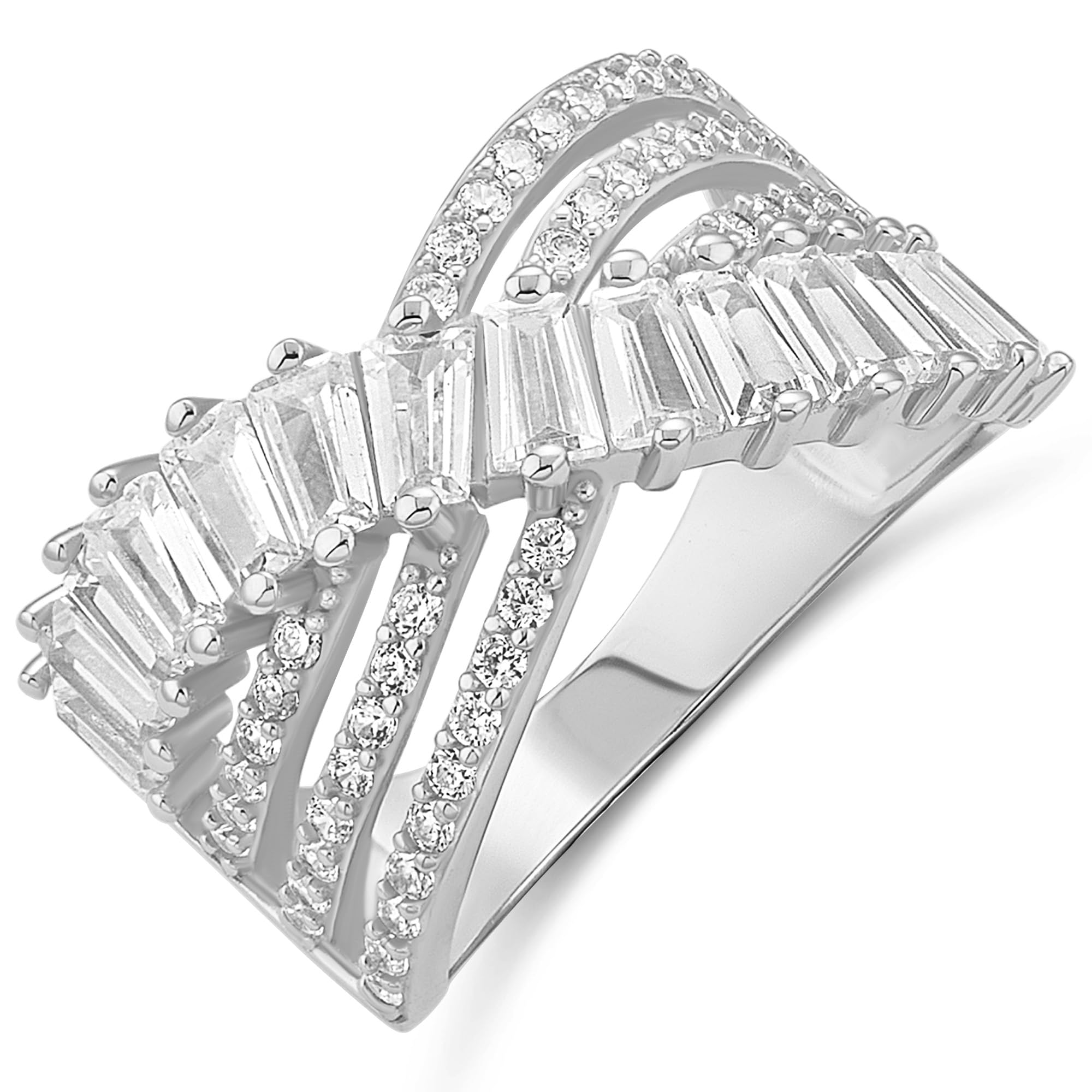Amazon Essentials Sterling Silver Pave and Baguette CZ Crossover Cocktail Ring, Silver, 8