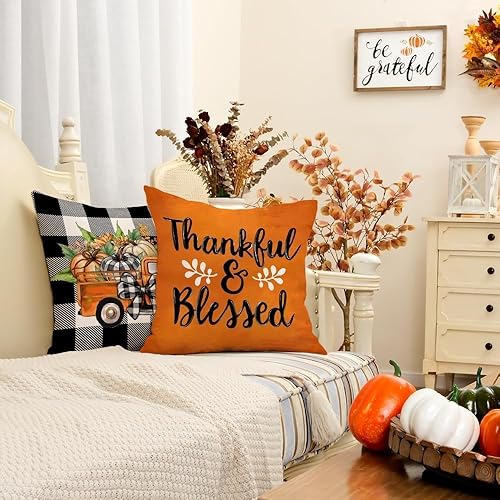 Miniatura 2 de GEEORY Juego de 4 fundas de almohada decorativas de otoño de 18 x 18 pulgadas, diseño de calabazas, diseño de búfalo bendecido con texto en inglés