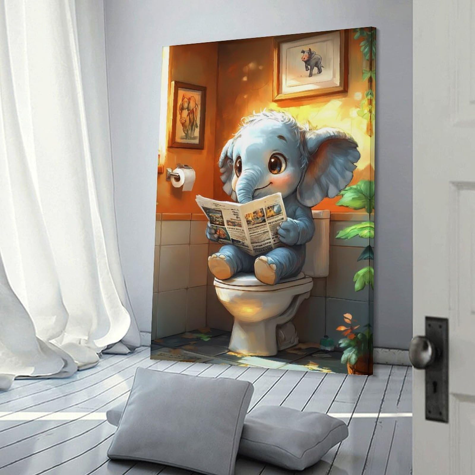 Junmoney Elephant Reading on Toilet Funny Home Decor Wall Art, 24x36inch(60x90cm), for Apartments, Flats Or New Home Decor, An Easy Choice for New Home Styling