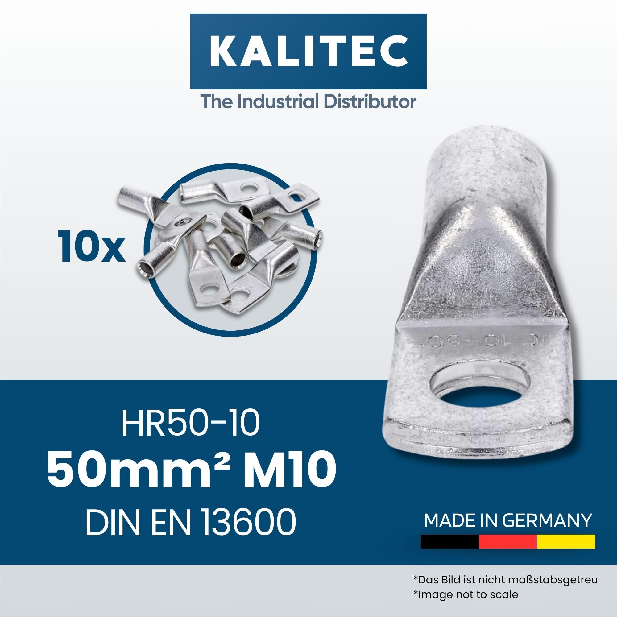 Kalitec Lot de 10 Cosses Tubulaires 50 mm² M10, Connecteur de Câble Cuivre | Cosses à sertir en cuivre étamé haute pureté, homologuées UL, sans trou de vision, idéal pour solaire, auto et industrie.