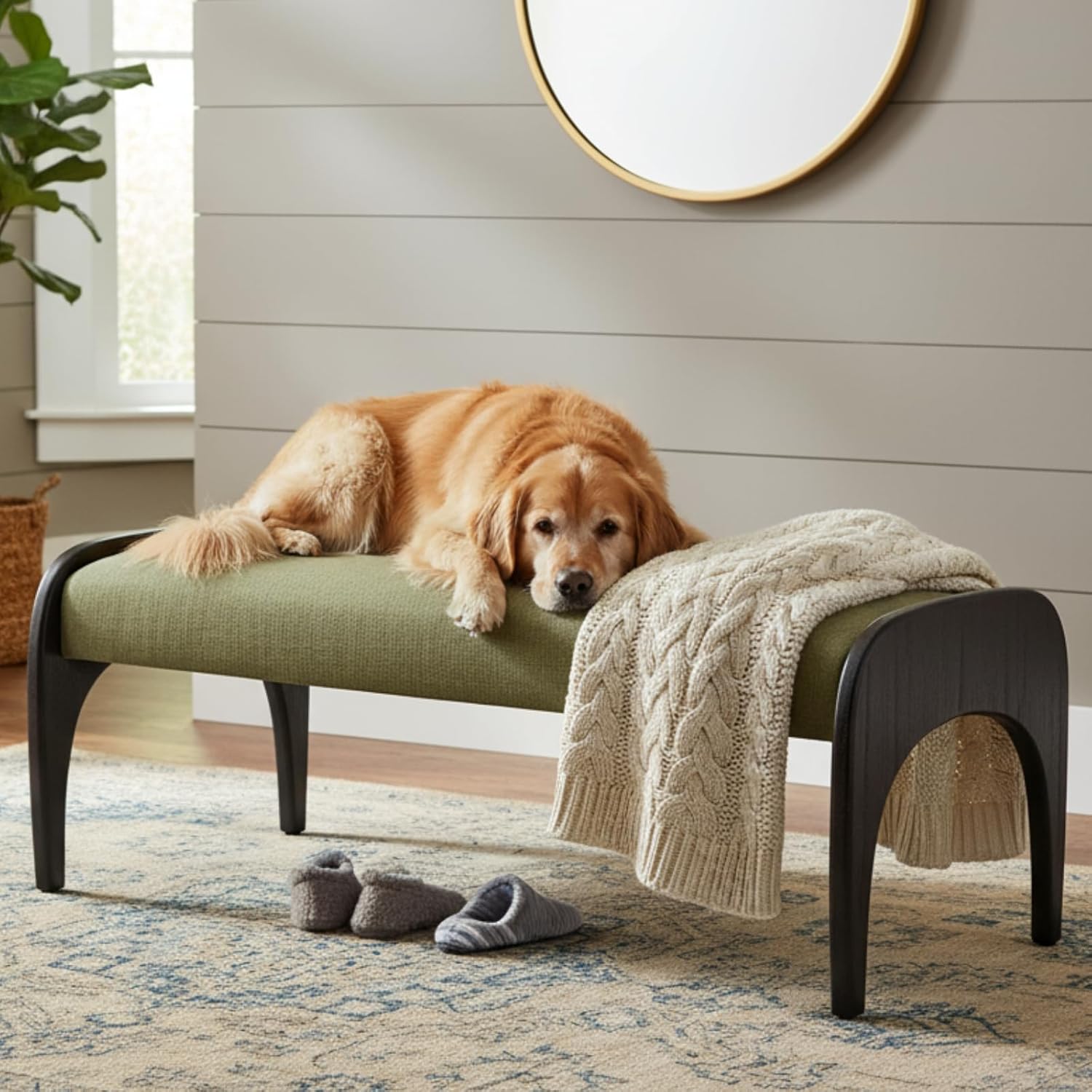 DUOMAY Modern 51" Wide Ottoman Bench, Long Entryway Bedroom Bench with Solid Wood Legs and Linen Upholstered Dining Bench Storage Bench for Living Room Indoor, Kitchen, Green