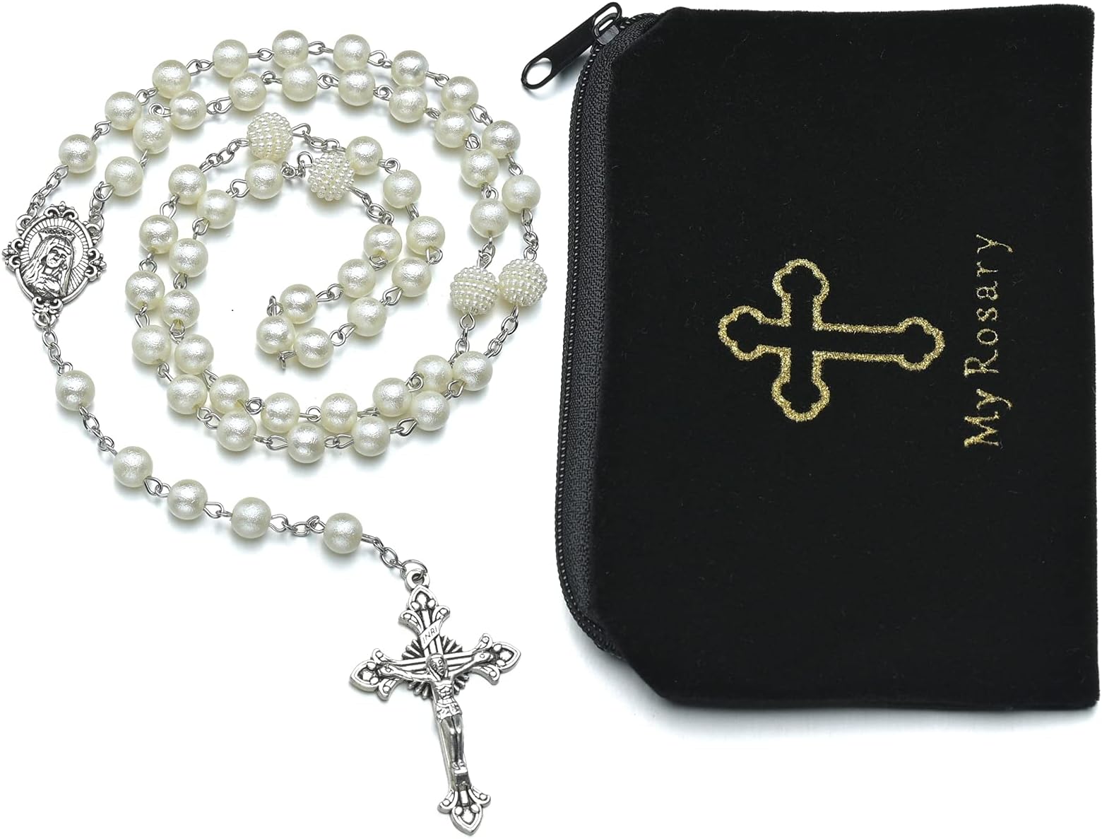 8mm Rosary Beads Necklace White Glass Pearl Catholic Prayer Alloy Cross Necklaces with Jesus Crucifix Fit for Girls Women Religious Gifts Rosaries(Customized velvet bag)
