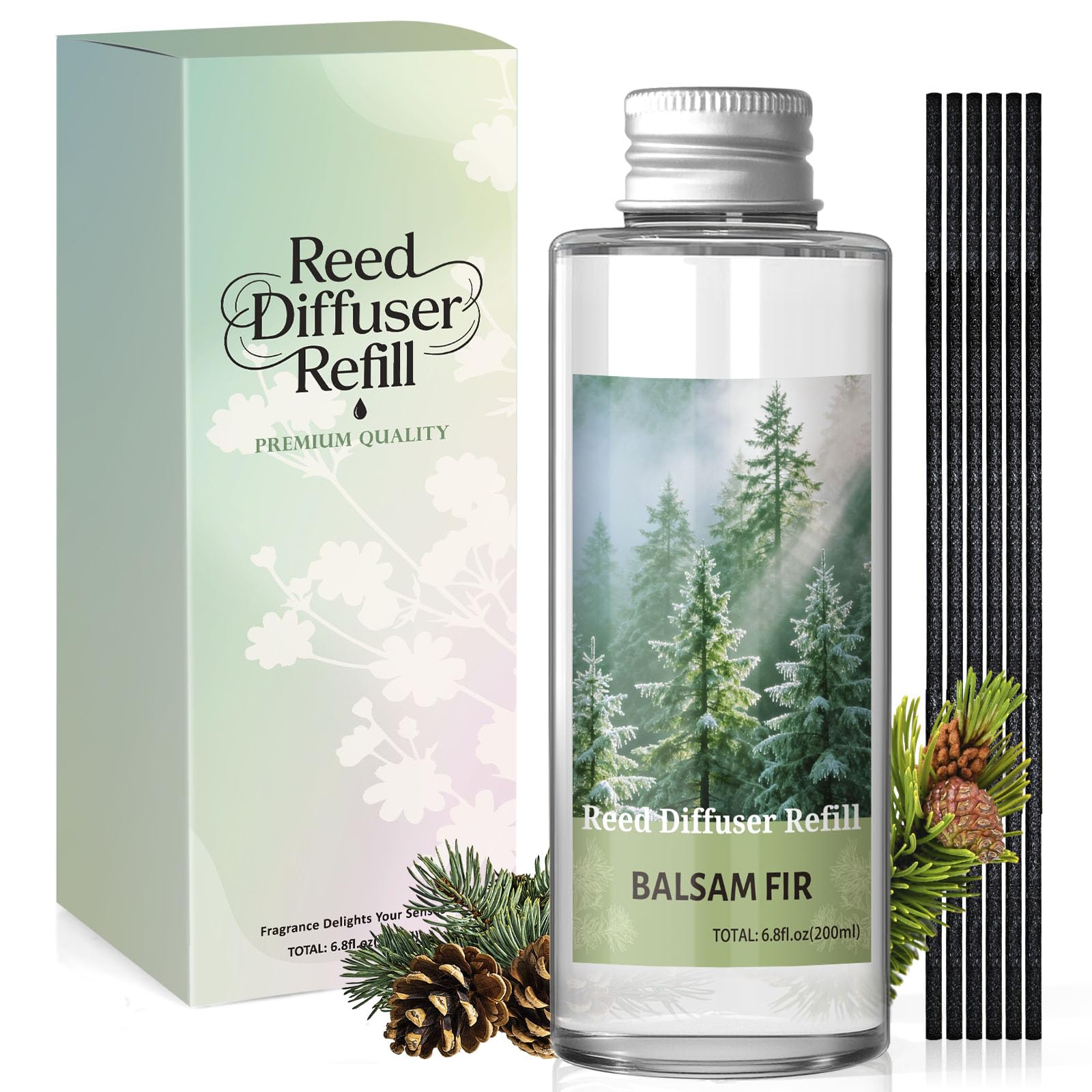 Scent-Hi Balsam Fir Reed Diffuser Refill 200ml - Fresh Pine Forest Home Fragrance for Living Room, Bedroom & Spa - Long-Lasting Room Scent with 6 Rattan Sticks
