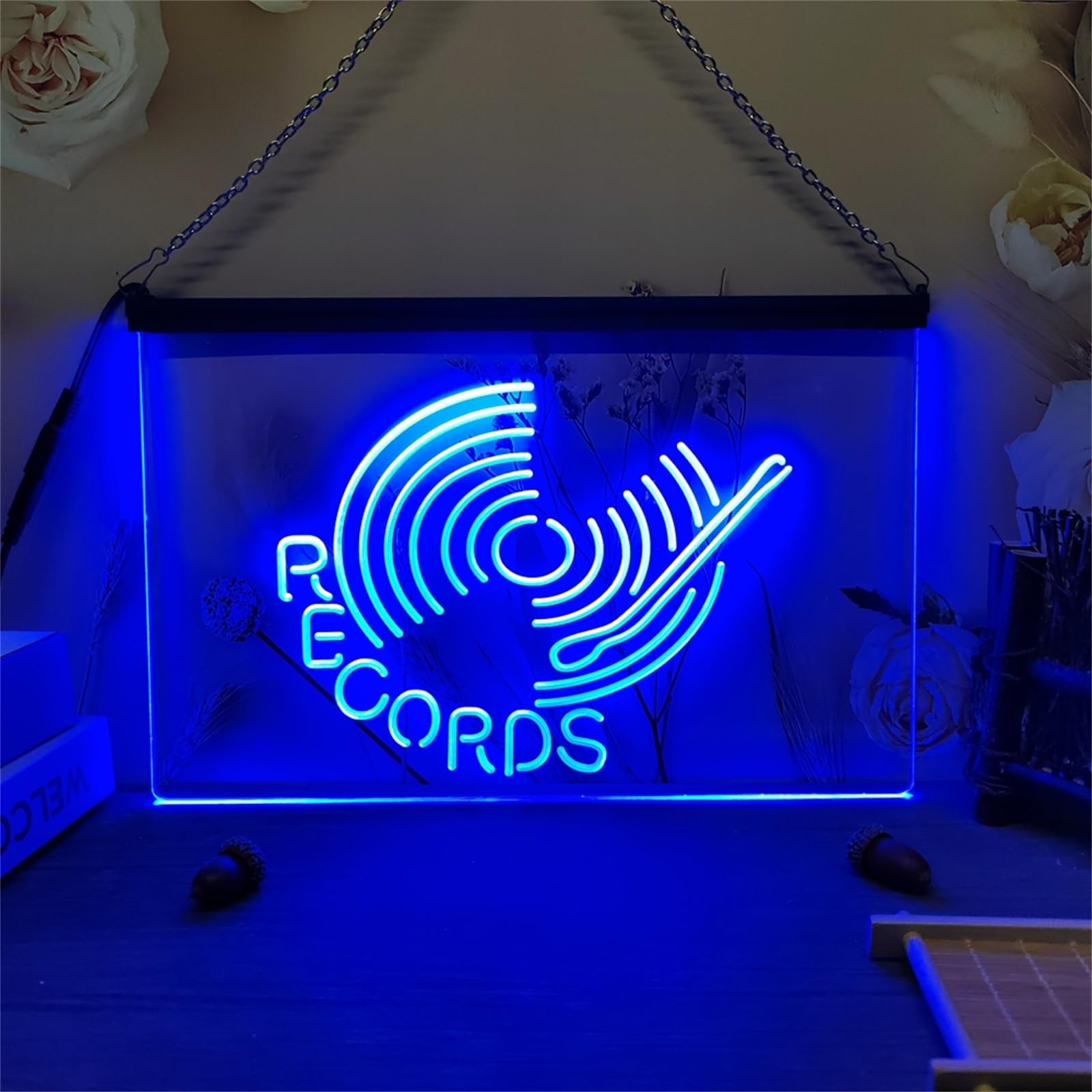 Gramofon z płytami, neonowy znak do dekoracji ściennej, zasilany przez USB, ściemnialny neonowy znak LED do studia muzycznego,Blue,40x30cm