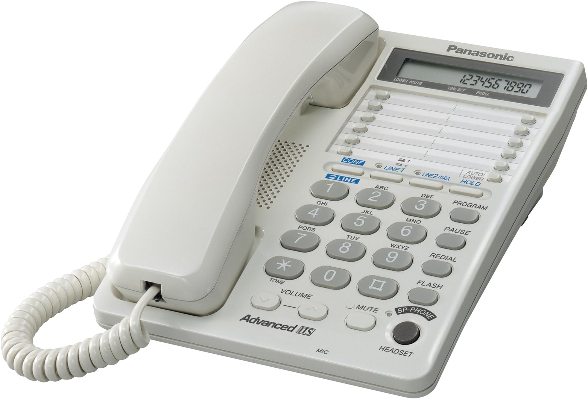 2-Line Integrated Corded Telephone System with 16-Digit LCD, Speakerphone, Clock, Hearing Aid Compatibility and 3-Way Conferencing - KX-TS208W (White)