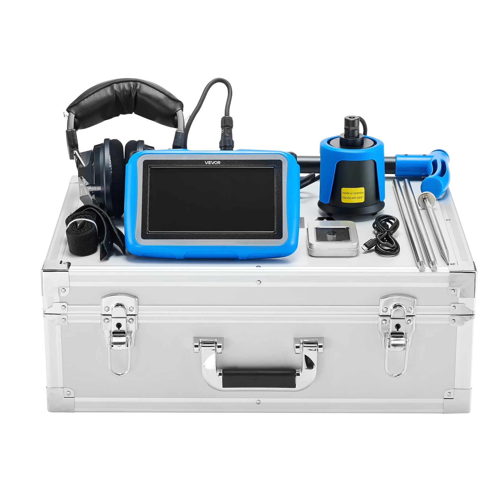 VEVOR Detector de Fugas de Agua para Tuberías Subterráneas, 1–10 000 Hz, Pantalla Táctil 17,78 cm, 5 m de Longitud, con Sensor Mediano, 3 Varillas de Escucha, Auriculares y Estuche de Transporte