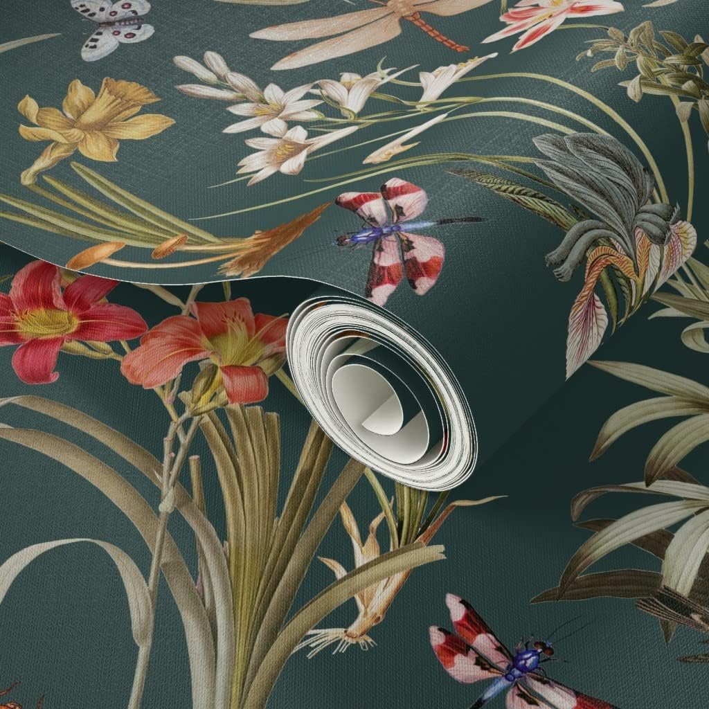 Spoonflower Peel & Stick Wallpaper 3ft x 2ft - Garden Dragonflies Large Dragonfly Dark Floral Custom Removable Wallpaper