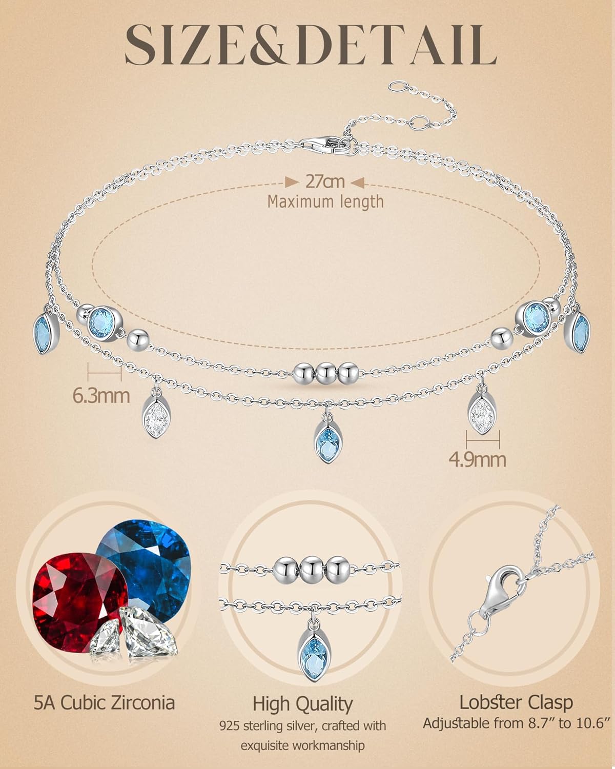FANCIME Anklet Bracelets For Women, 925 Sterling Silver Layered Anklet Adjustable London Blue Topas December Birthstone Beaded Chain Beach Jewelry Gifts for Women - Image 3
