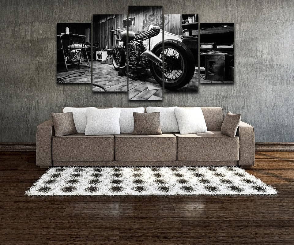 Deco murale salon 5 parties tableau noir et blanc vintage motocyclette