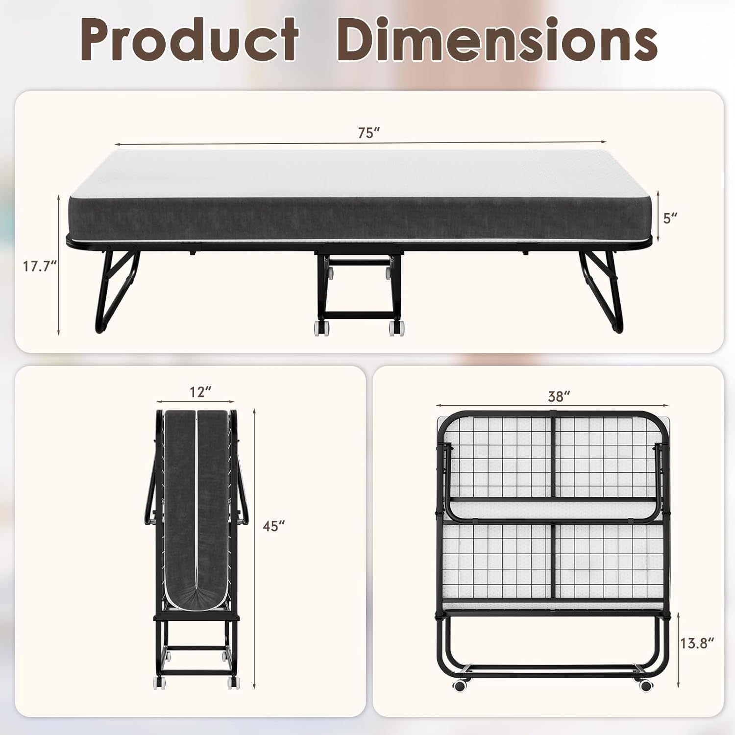 75" x 38" Folding Bed with Mattress for Adults, Foldable Bed, Portable Rollaway Bed with 5" Memory Foam Mattress, Space-Saving Sturdy Metal Frame for Bedroom & Office