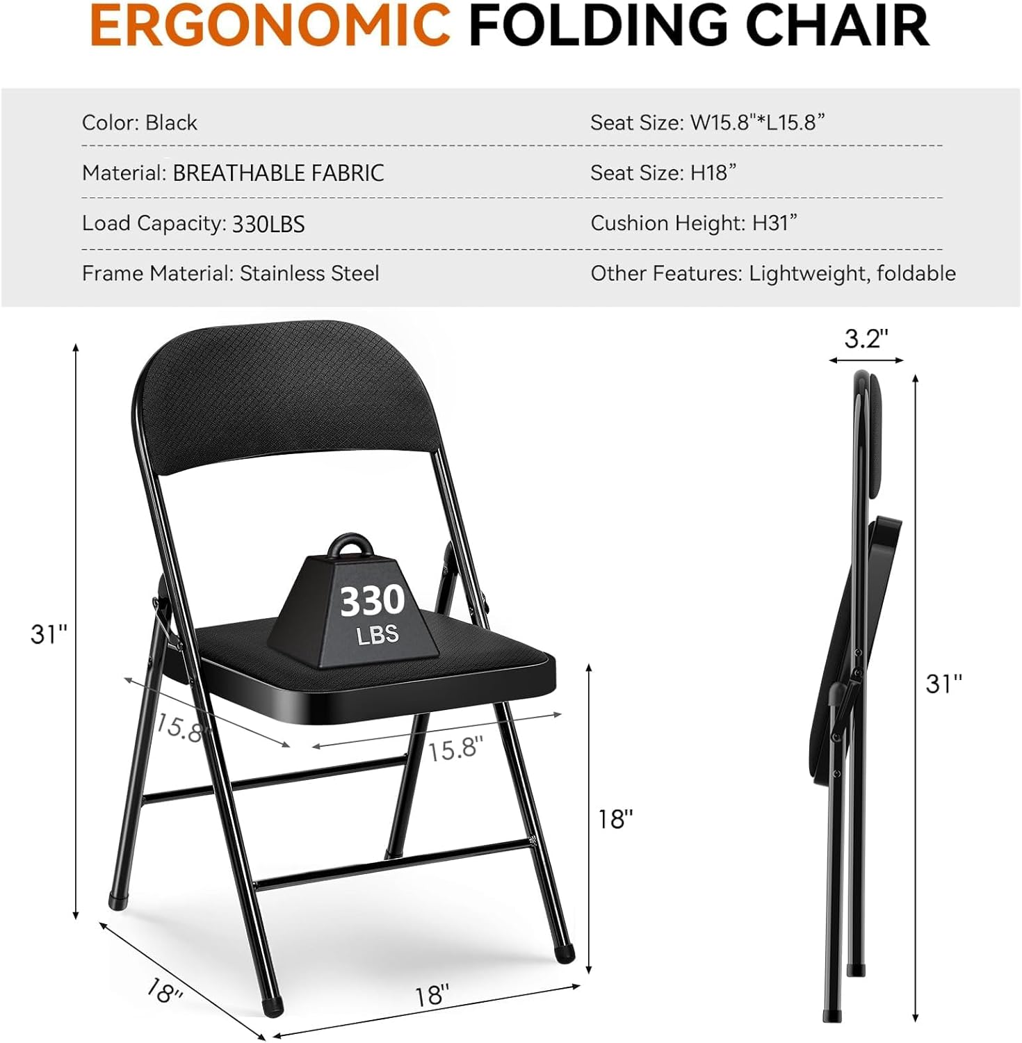 Folding Chairs with Cushion 2 Pack, Padded Fabric Seat, 330 LBS Heavy Duty Stainless Steel Frame, Ergonomic Foldable Chairs for Banquet Wedding Party Office Indoor Outdoor(Black&Fabric, Set of 2)