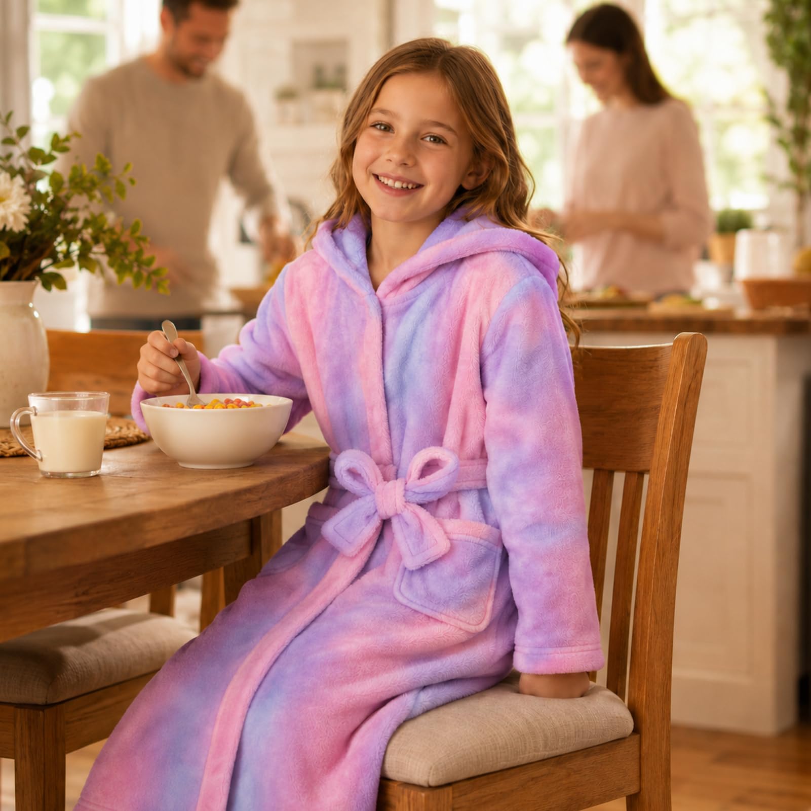 ACTLATI Plüsch-Bademantel mit Kapuze für Mädchen, volle Länge, weicher Fleece-Bademantel mit Gürtel und Taschen, langer Kindermantel für Mädchen im Alter von 3–13 Jahren