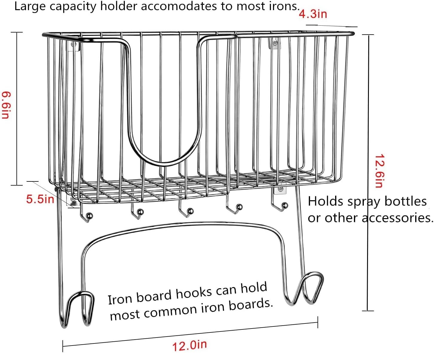 SPACEREST Iron and Ironing Board Holder, Ironing Board Hanger Wall Mount with Large Storage Basket & 5 Hanging Hooks for Laundry Rooms, Holds Iron, Board, Spray Bottles, Chrome
