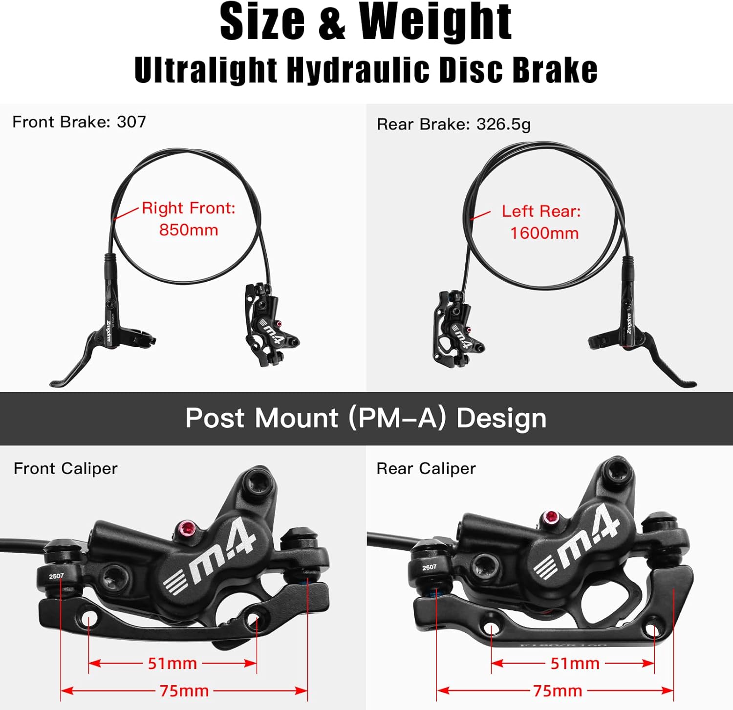 ZTZ 4-Piston Mountain Bike Hydraulic Brake Set, Front 850mm and Rear 1600mm Hydraulic Disc Brake Kit with PM/is Adapter, Fits for eBike, MTB and BMX (Left Rear)