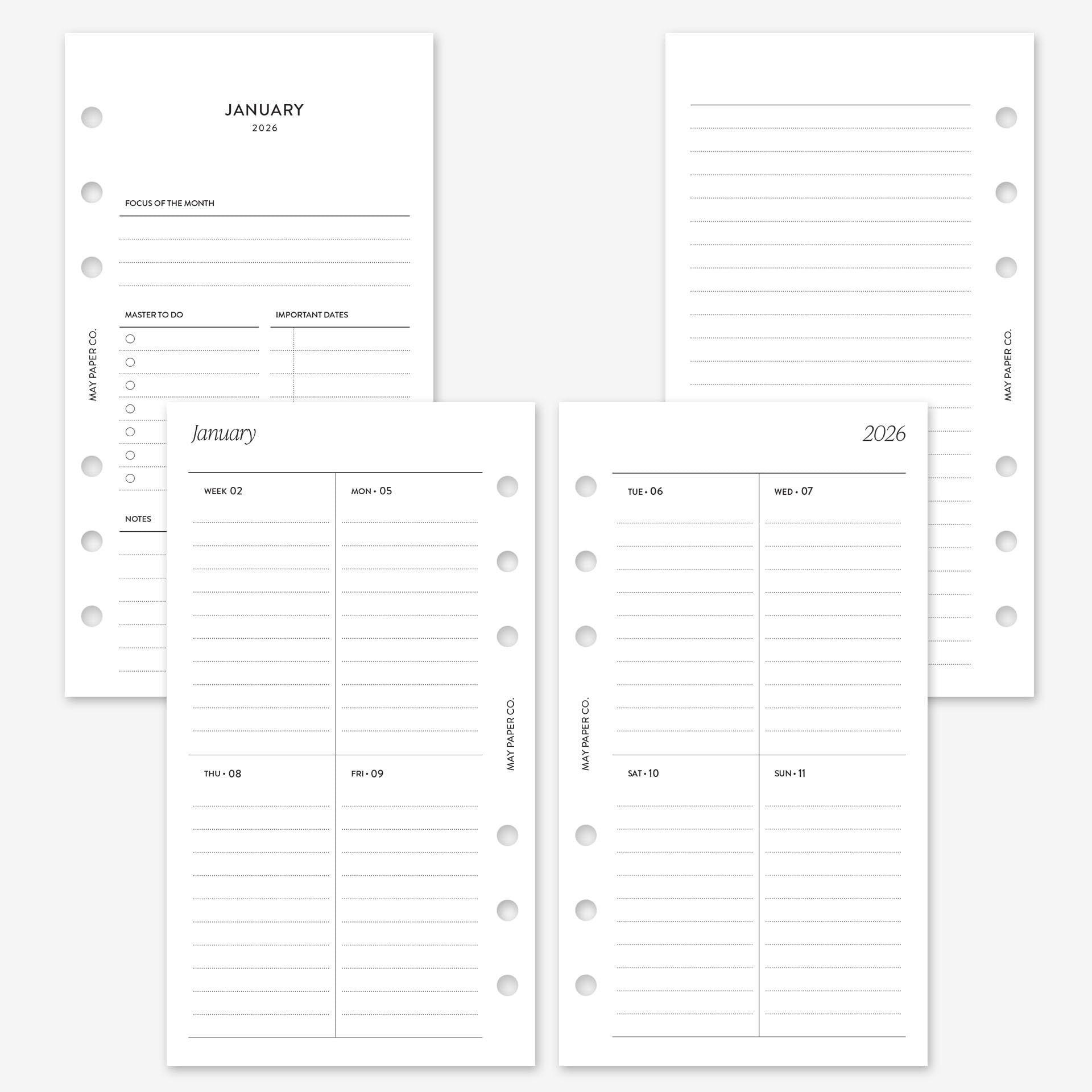 MAY PAPER CO. 2026 Personal Weekly Planner Refill, Week on Two Page Planner Insert for Personal Filofax and LV MM 6 ringed Agenda (Vertical Border Lined)
