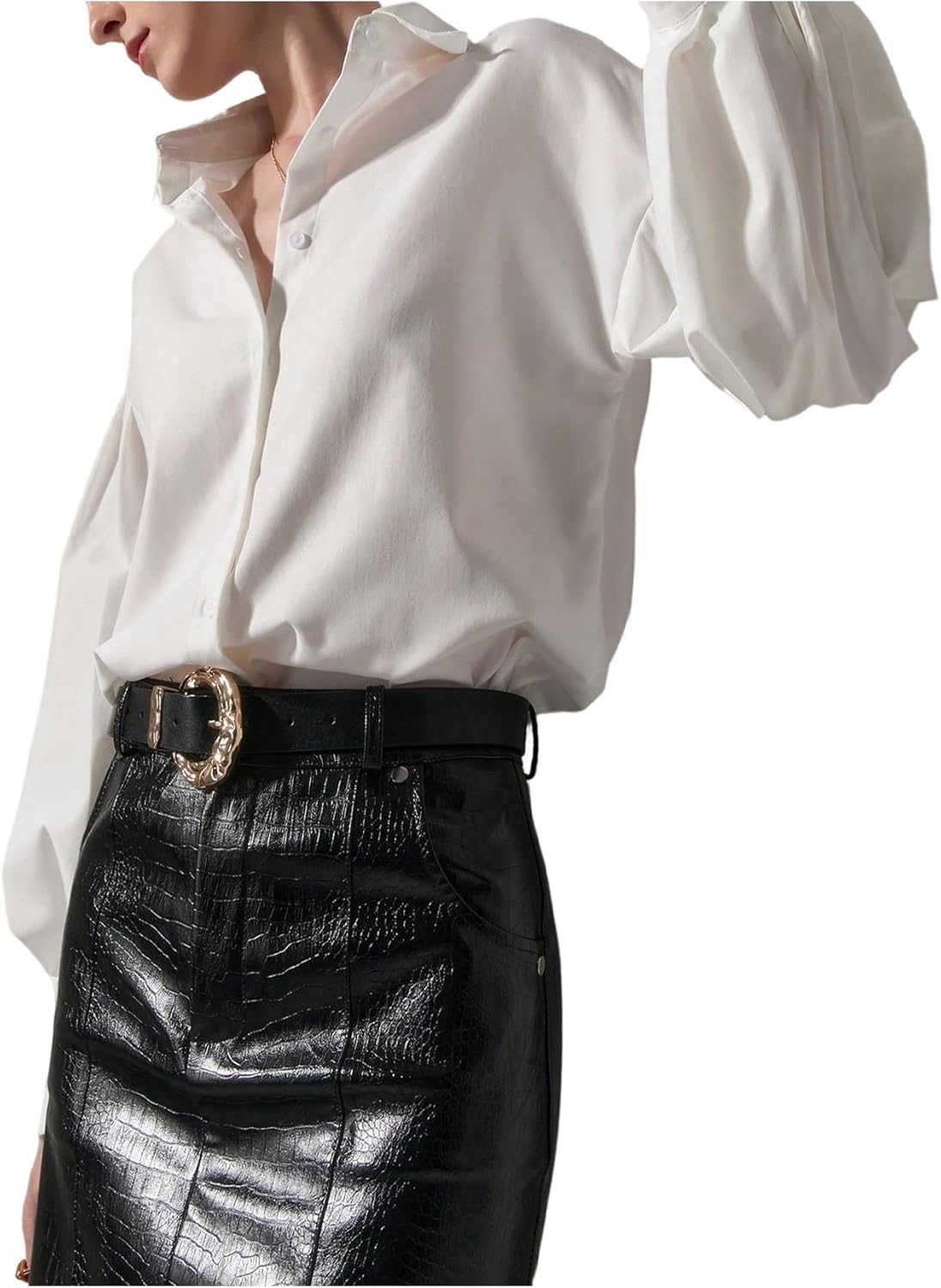 SweatyRocks Women's Button Down Shirts Long Bishop Wide Sleeve Drop Shoulder Office Blouses - Image 4