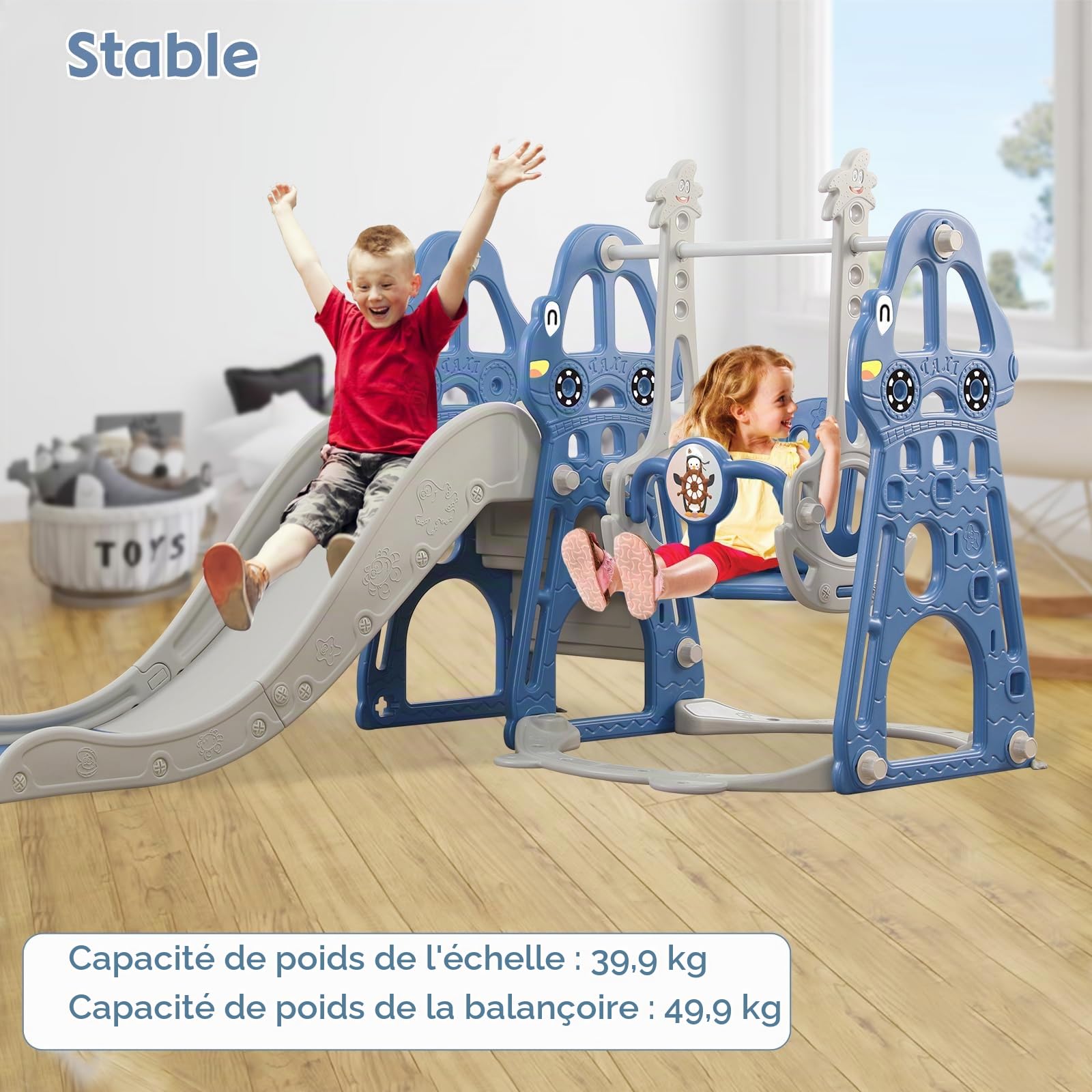 Ensemble de Toboggan et balançoire pour Tout-Petits, Ensemble de Jeu d'escalade pour bébé 4 en 1 avec balançoire, Toboggan grimpeur et Basket-Ball, toboggans pour Enfants (Classique + Bleu)
