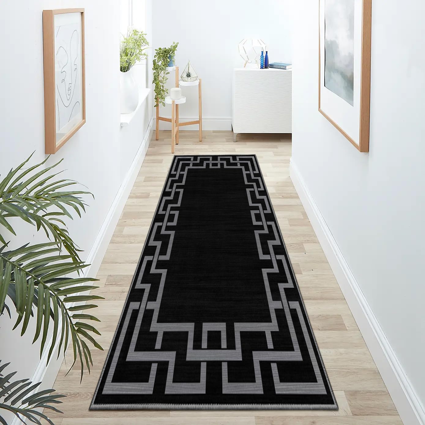 Hafaa Black Runner Rugs for Hallway Non-Slip Greek Key Style Carpet for living room 60 x 220 cm Runner – Printed Carpets Runner for Lounge Office Bedroom (Nico Black)