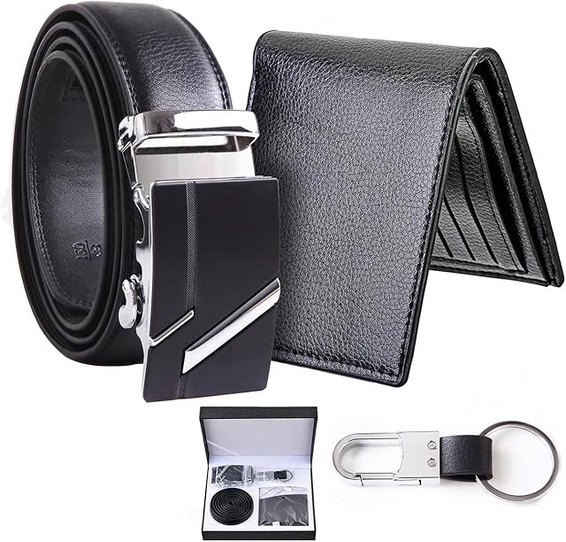 WOTENCE Mens Gift Set Made Leather Purse Belt Keychain Set Valentine's Day Gift Wedding Christmas Gift