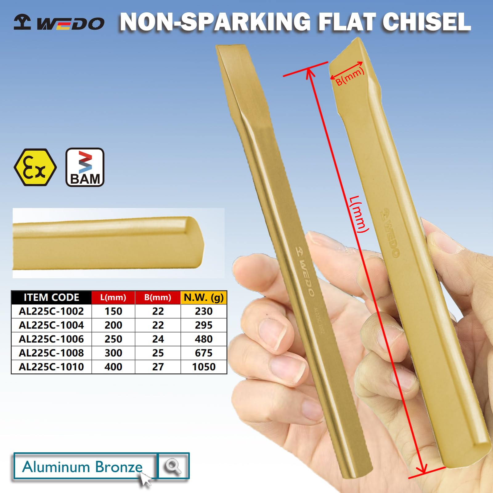 WEDO Cincel plano sin chispas, cincel plano de seguridad sin chispas, bronce de aluminio, estándar DIN, certificado BAM y FM, 27 x 400 mm