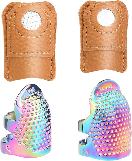 4 Pcs Sewing Thimble, Thimbles for Hand Sewing, Different Models Leather Metal Thimble, Adjustable Finger Shield Ring, Durable and Sturdy Fingertip Thimble, Craft Accessories DIY Sewing Tools
