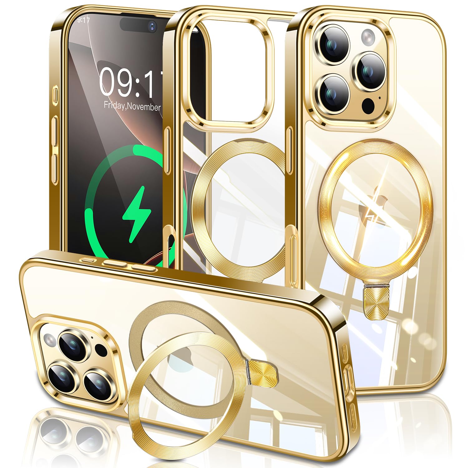 ESTPEAK Titanium Gold CD Mag-Stand Case for iPhone 16 Pro Max Case with Invisible Magnetic Ring, [Fit for MagSafe] [Never Yellowing] Top Clear Phone