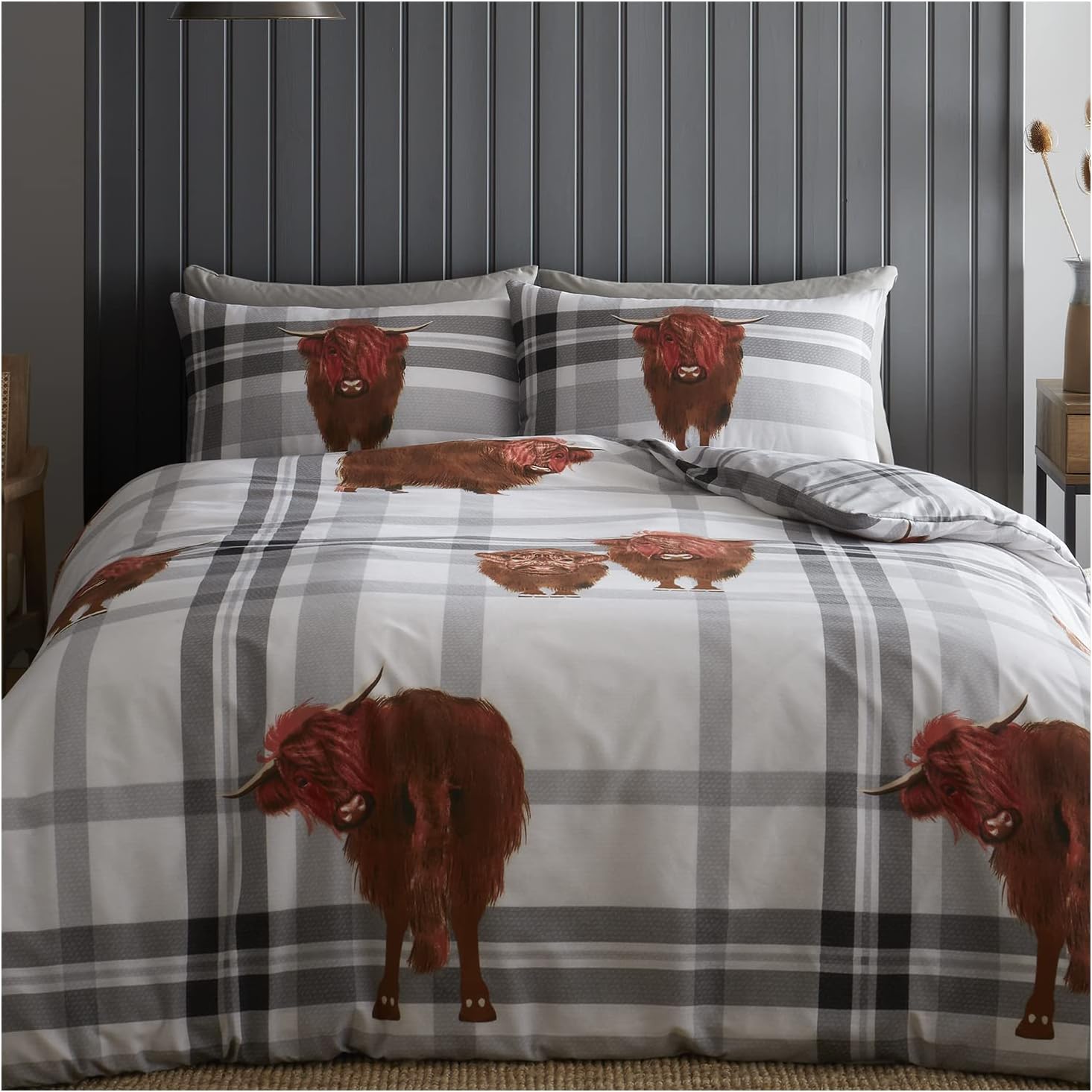 GC GAVENO CAVAILIALuxury Animal Bedding Double, Highland Cow Quilt Covers Bedset With Matching Pillowcases, Reversible Printed Checkered Pattern Cattle Duvet Cover, Grey