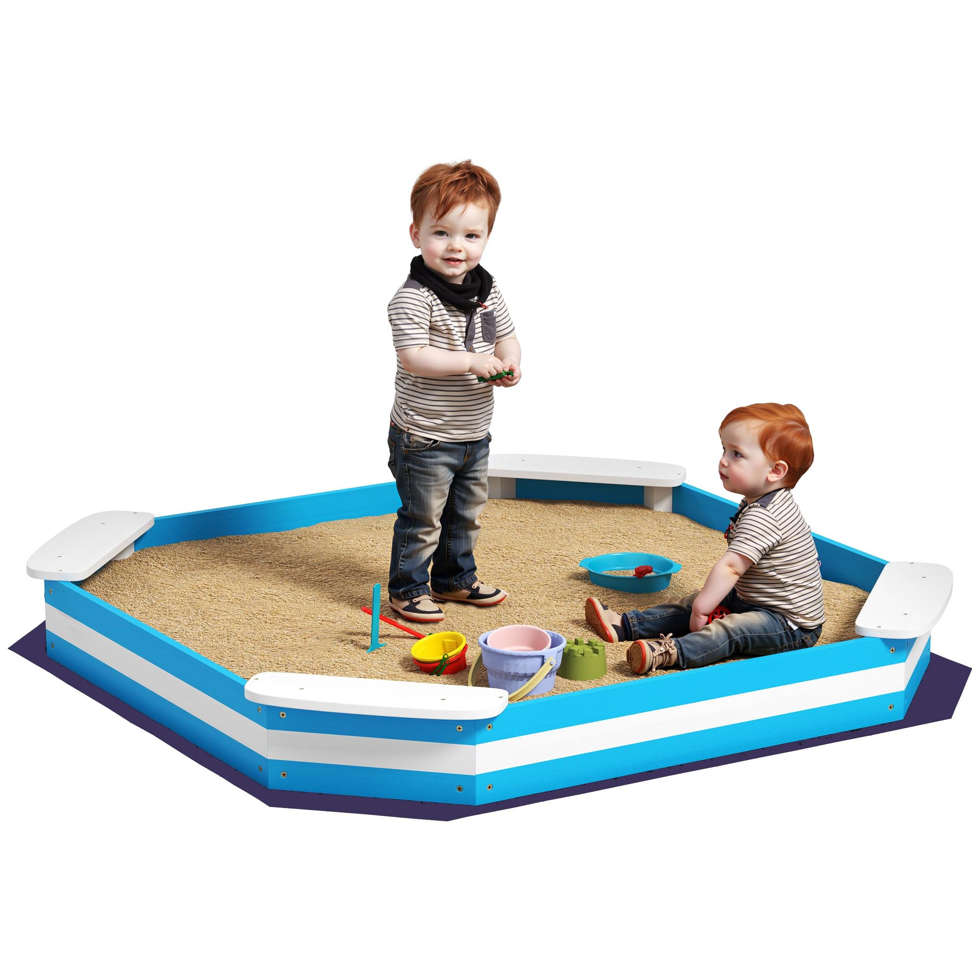 Qaba Kids Sandbox, Outdoor Wooden Sand Pit with 4 Corner Seats, Bottom Liner for Backyard, Garden, 52