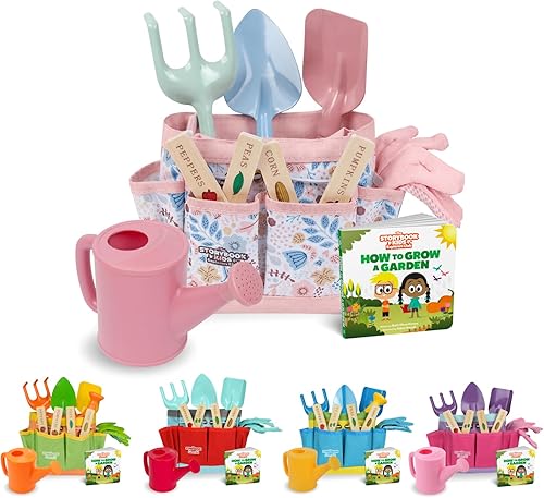 Kit de herramientas de jardín floral – Incluye bolsa de mano resistente, regadera, guantes, palas, rastrillo y encantador libro para niños, juego de
