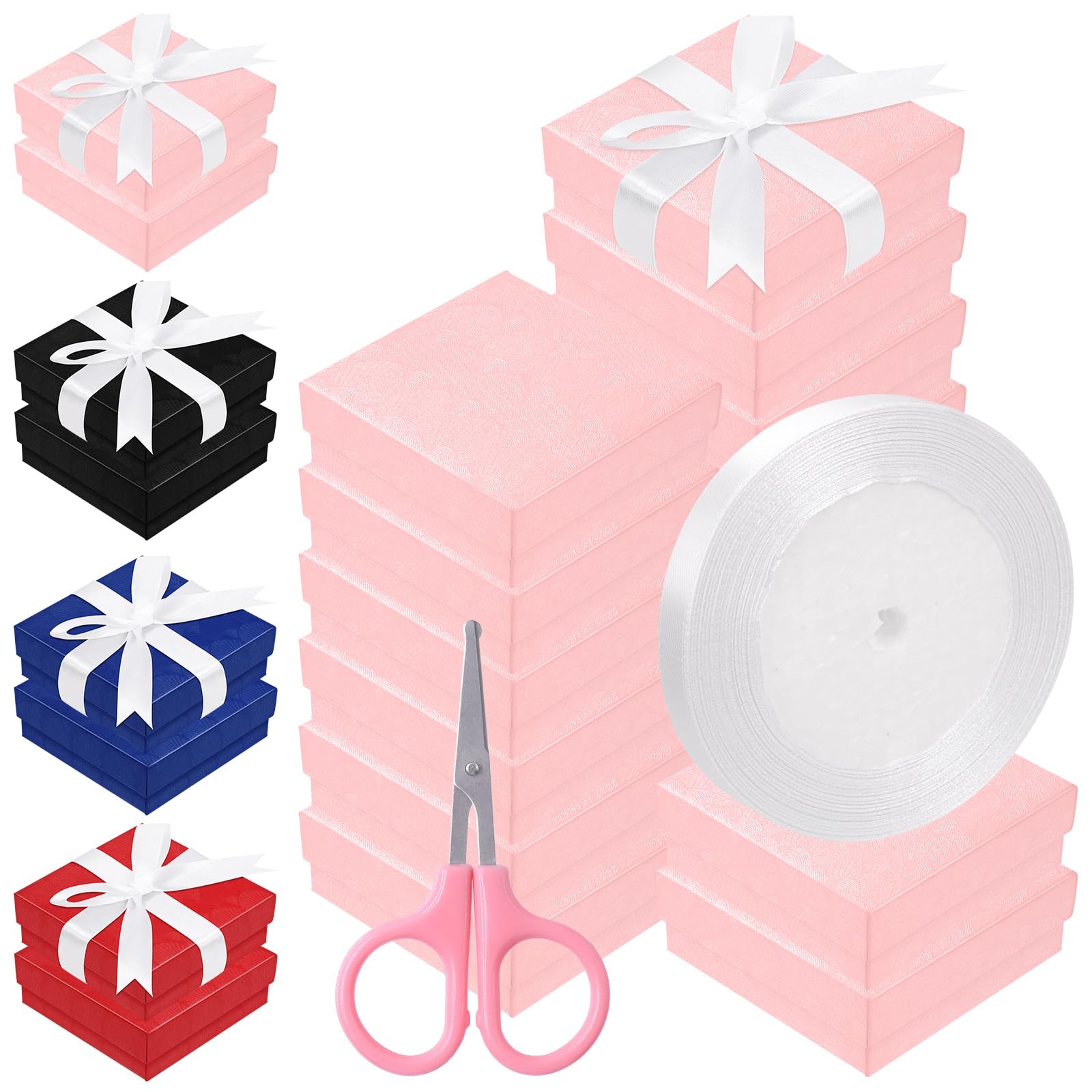 Keadic 17Pcs 3×3×1 inches Cardboard Jewelry Gift Boxes with Stain Ribbon and Scissor, Jewelry Organizer Cases with Lids and Cotton for Ring, Necklaces, Bracelets, Earrings (Pink)