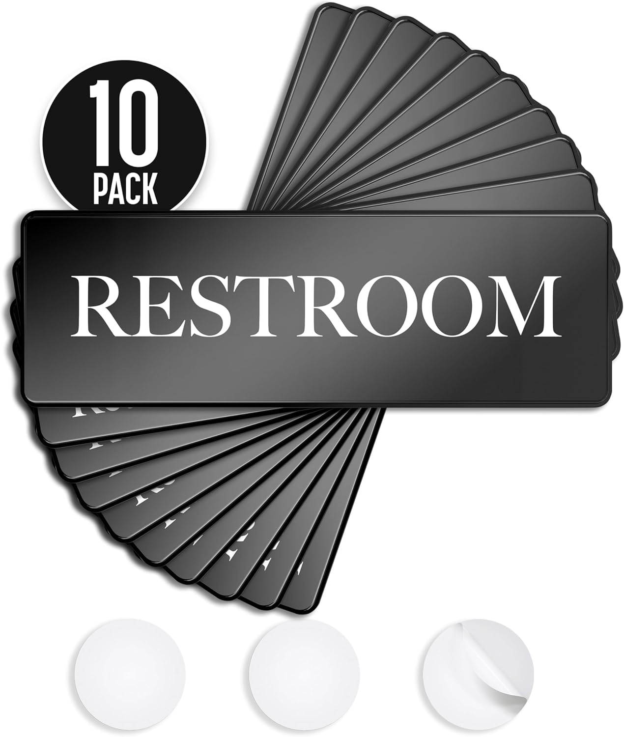 ASSURED SIGNS Restroom Sign - Ideal Bathroom Signs for the Office, Business or Home - 10 Pack - 9" by 3" - Apply to Door or Wall - Nice Bathroom Decor - Strong Double-Sided Adhesives