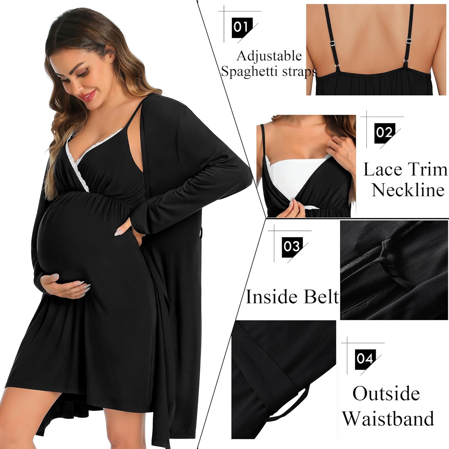 SWOMOG Womens Maternity Robe 2 Piece Nursing Nightgown for Breastfeeding 3 in 1 Labor Delivery Nursing Dress Lace Bathrobe - Image 3