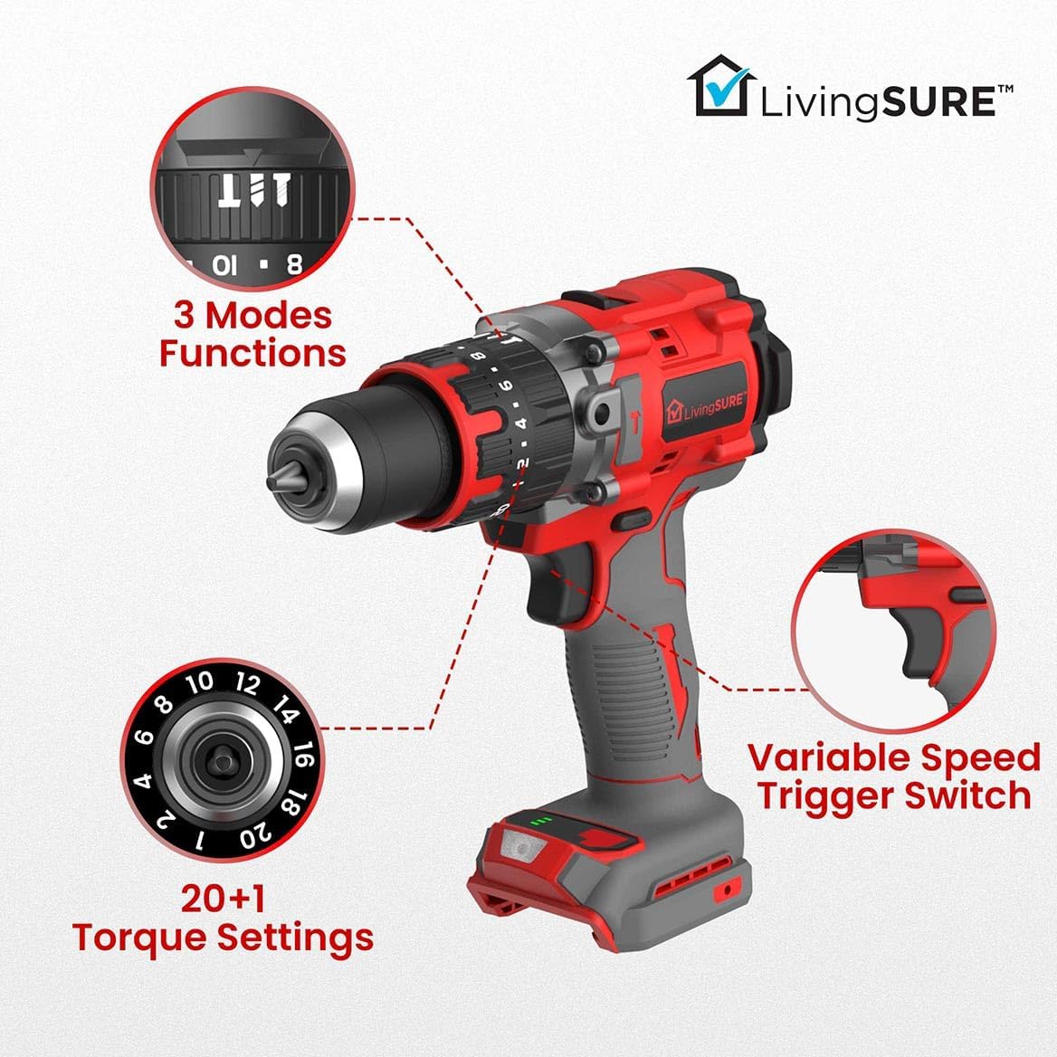 13mm Extreme Cordless Drill by LivingSURE High-Speed Electric Power Drill - Battery NOT Included