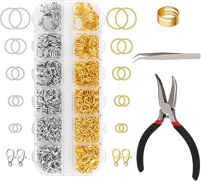 Amrules 1200 Pcs Jump Rings for Jewelry Making Supplies, Necklace Repair Kit with Open/Close Tools, Pliers, Tweezers, Lobster Clasps, Jewelry Jump Rings for Crafts and Key Chains (Silver and Gold)