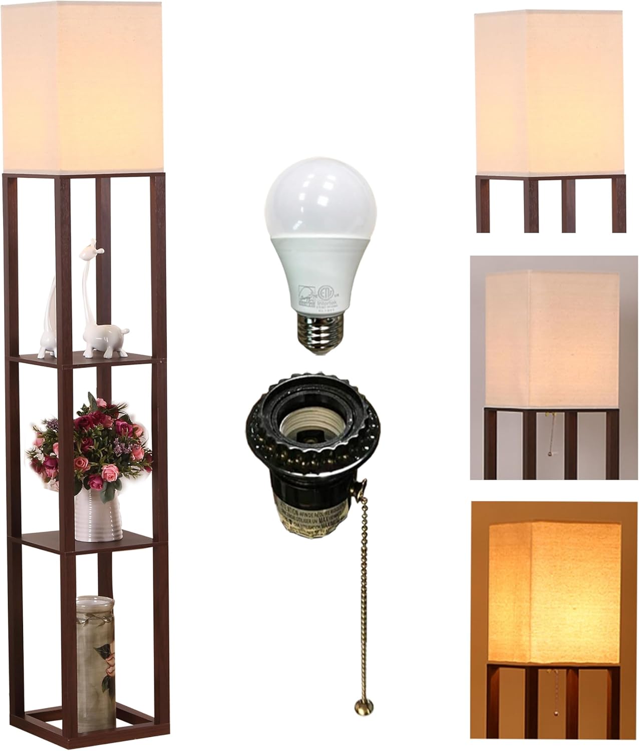 HomeFocus - Floor Lamp with Shelves, Shelf Floor Light with LED Bulb, Modern Wood Shelf Standing Lamp, Corner Display Floor Lamp for Living Room, Bedroom, Office, Linen White Shade, Wood, Brown.