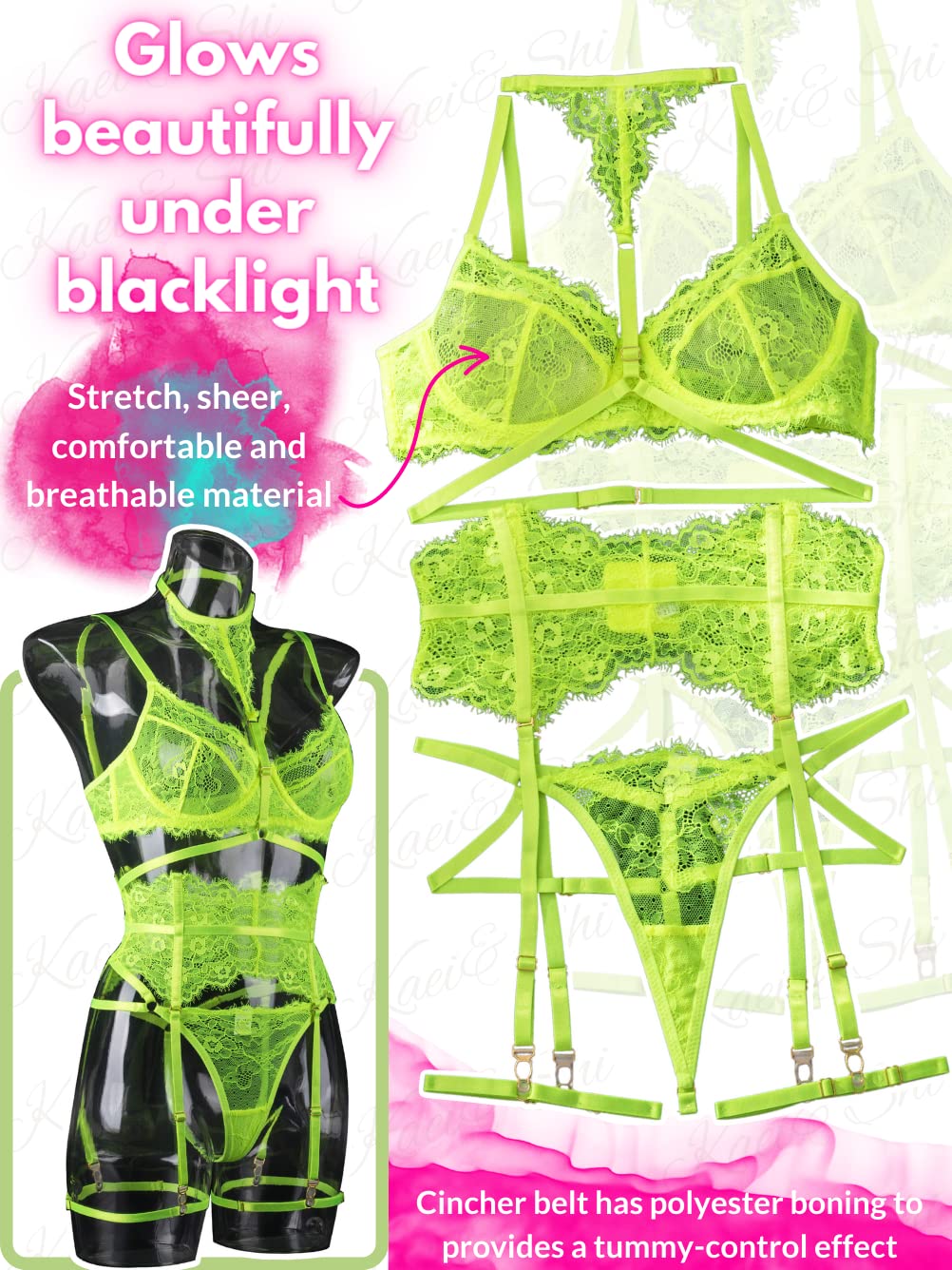 Kaei&Shi Garter Lingerie Set for Women, Sexy Floral Lace, Strappy High Waisted Hide Belly, 4 Piece with Exotic Choker Belt: 0-2 Neon Green