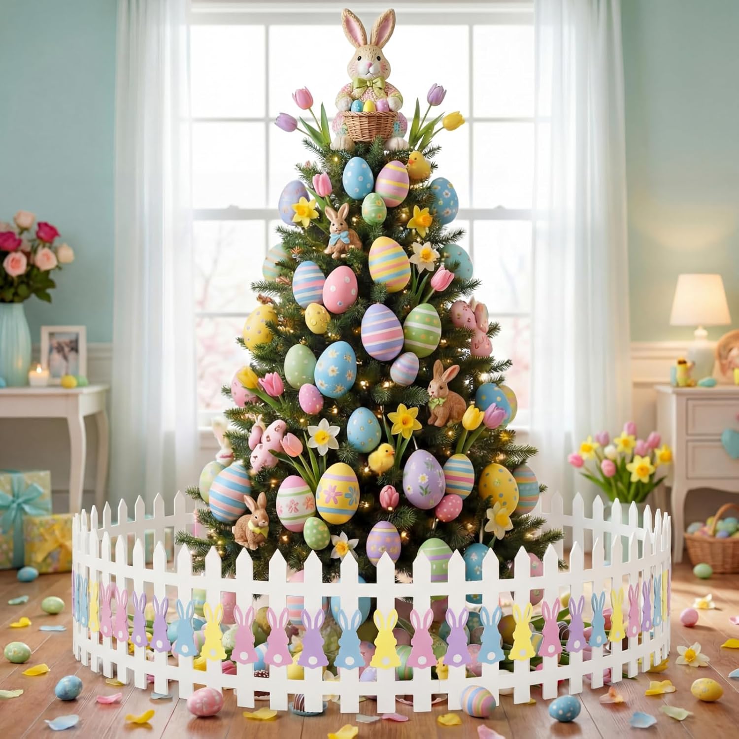 6 Pcs Easter Bunny Wooden Garden Fence 15.7" H x 72" L Landscape Edging Border, Garden Border Panels Ornamental Fence for Home School Lawn Flower Beds Pathways Outdoor Decor(Easter)