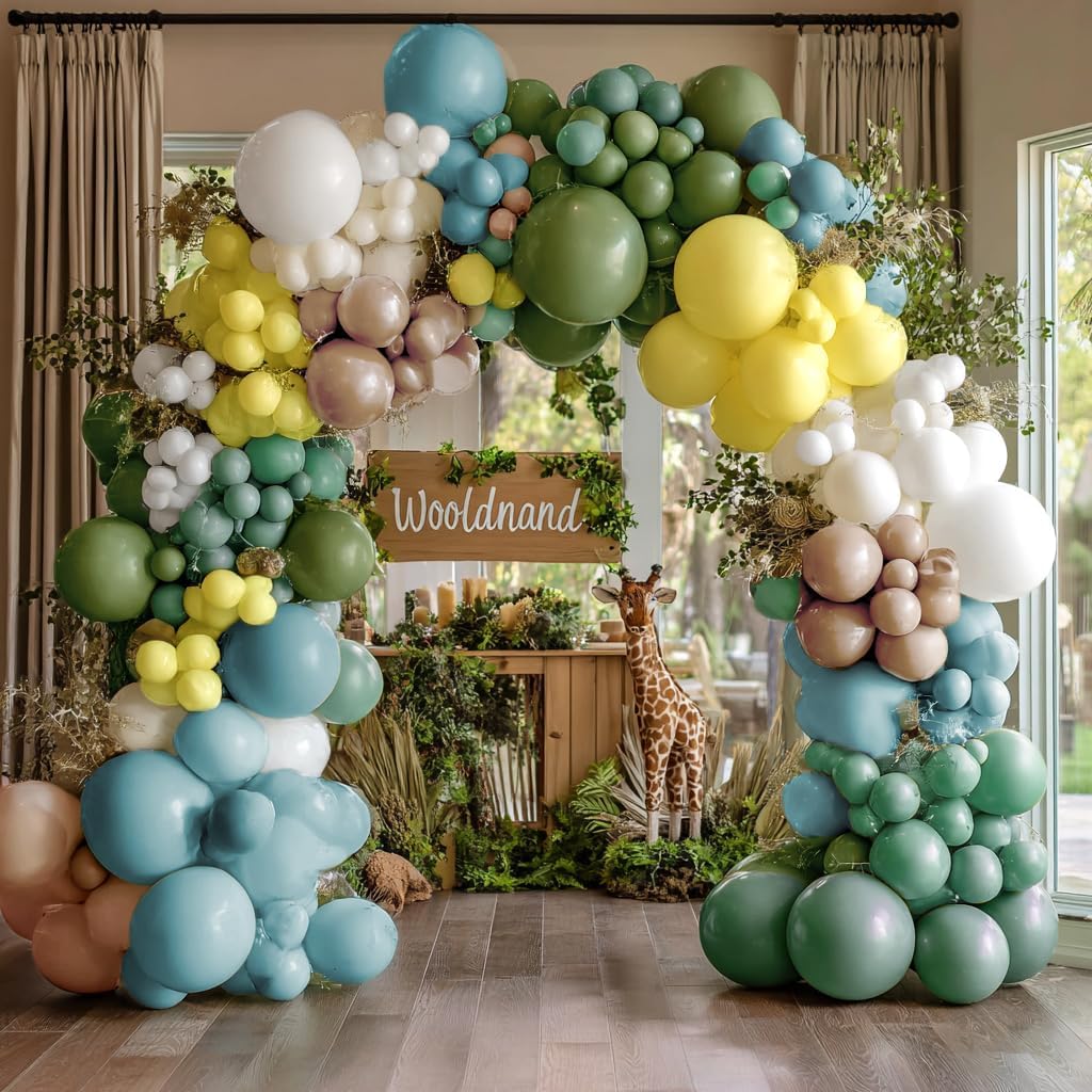 Double Stuffed Green Blue Yellow White Balloon Garland Different Sizes 18In 12In 5In Sage Green Pastel Yellow Blue Balloon Arch Kit For Woodland Birthday Baby shower Bridal Shower Wedding Party Decor