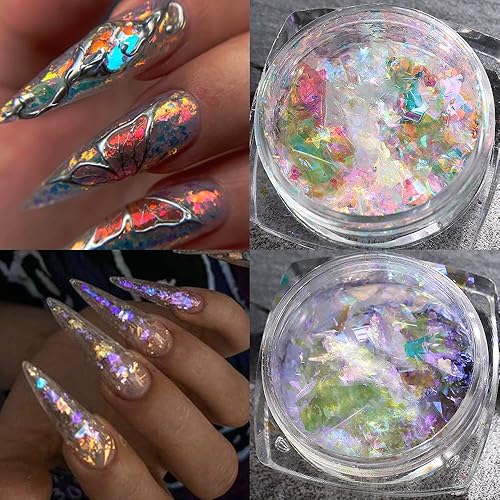 Miniatura 5 de Polvo de uñas cromado iridiscente, 6 cajas de copos de ópalo de fuego de cristal para arte de uñas, lentejuelas holográficas de sirena con purpurina