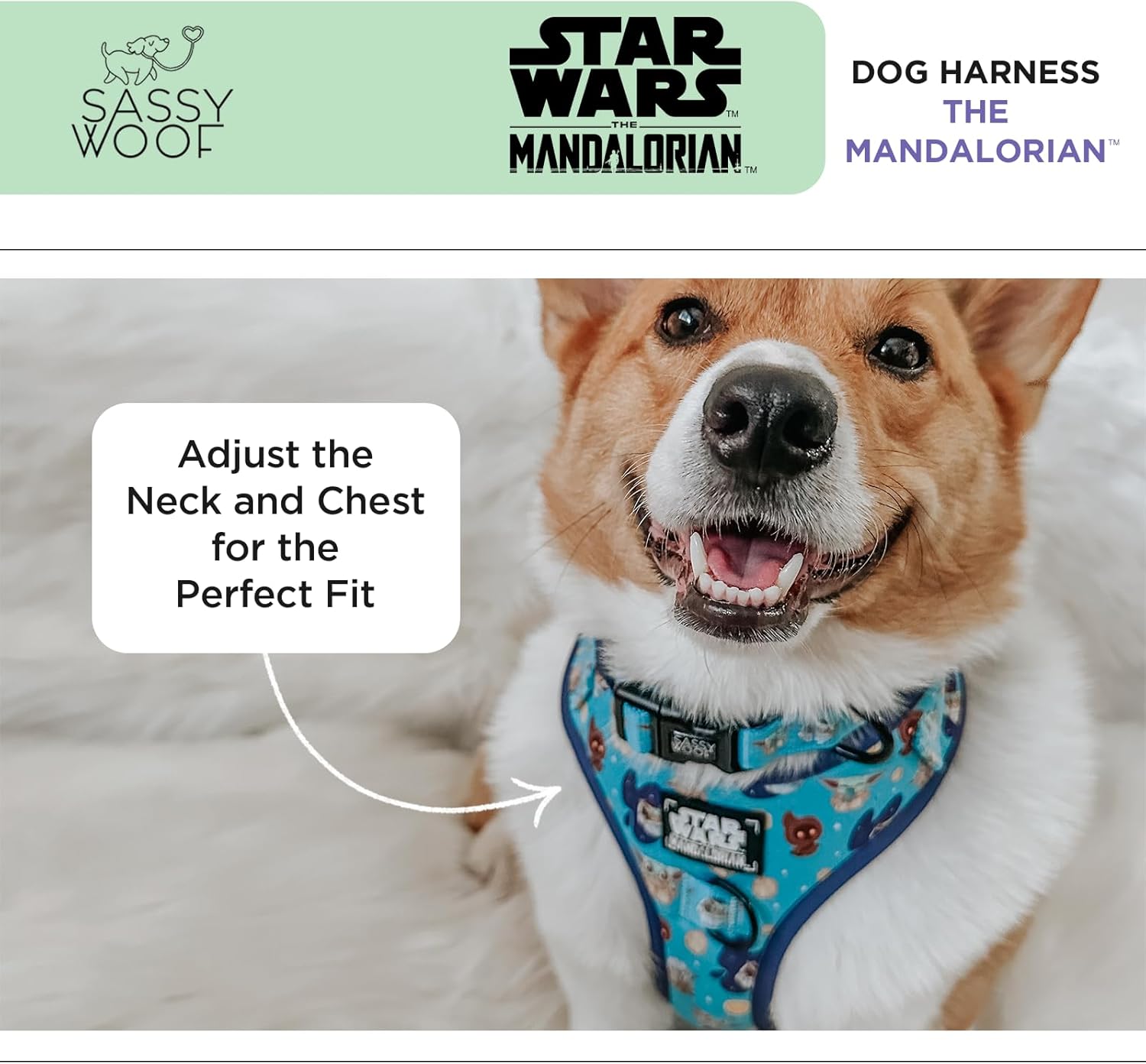 Dog Adjustable Harness - Star Wars™ The Mandalorian™ - L, Breathable Mesh, No Pull Design with Two D-Rings, Patented Design, Perfect for Small Dogs and Puppies