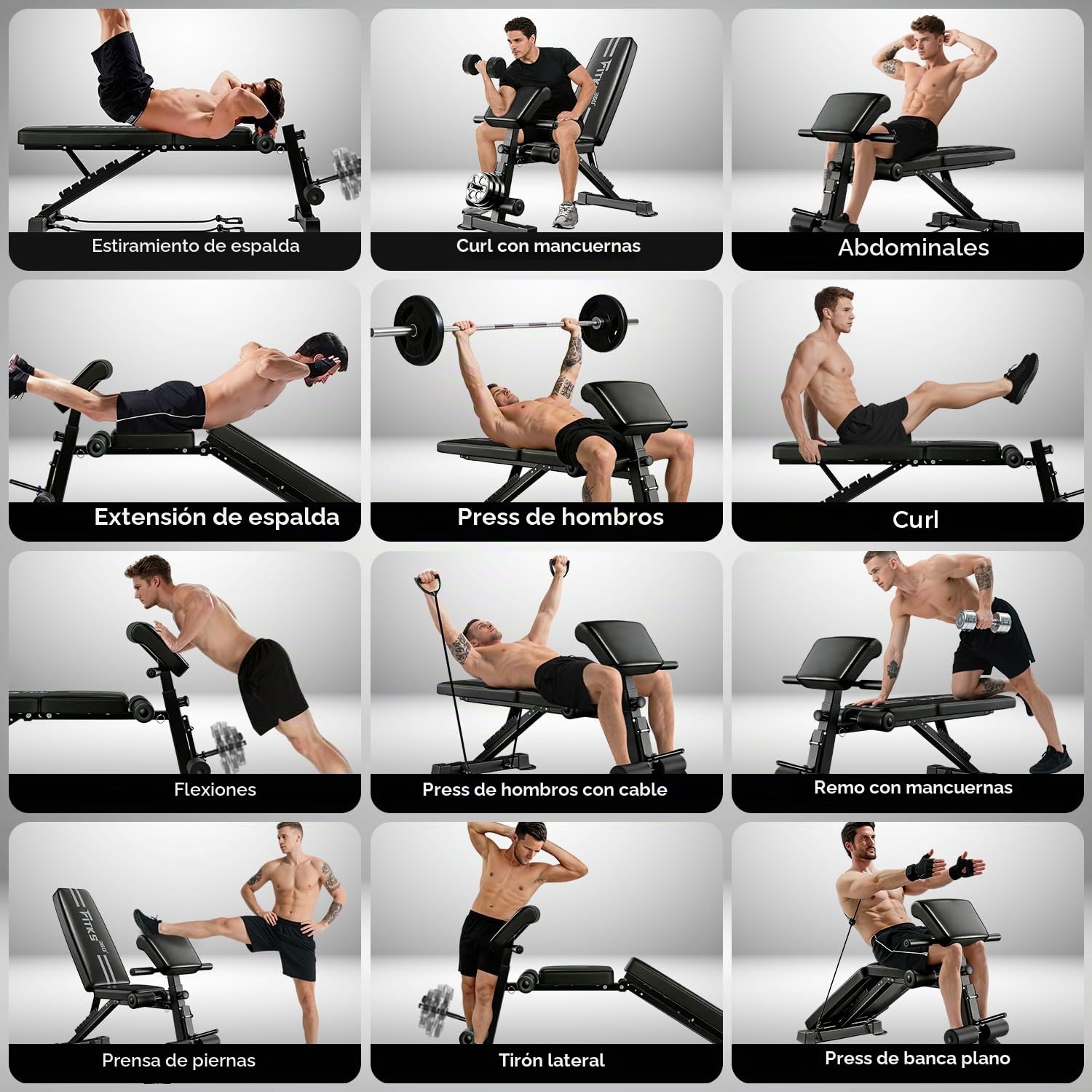 Banco Musculación Plegable Multifunción, Banco Pesas Ajustable en Casa, 13 en 1 Entrena Cuerpo Completo, Soporta 400KG, Bandas de Resistencia, Espalda/Pecho/Pierna, Gym en Casa