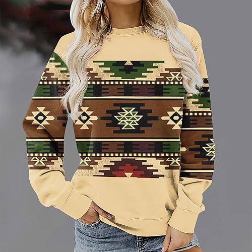 Miniatura 2 de Sudadera azteca para mujer, diseño geométrico vintage, con cuello redondo, manga larga, étnica occidental, suéter tribal