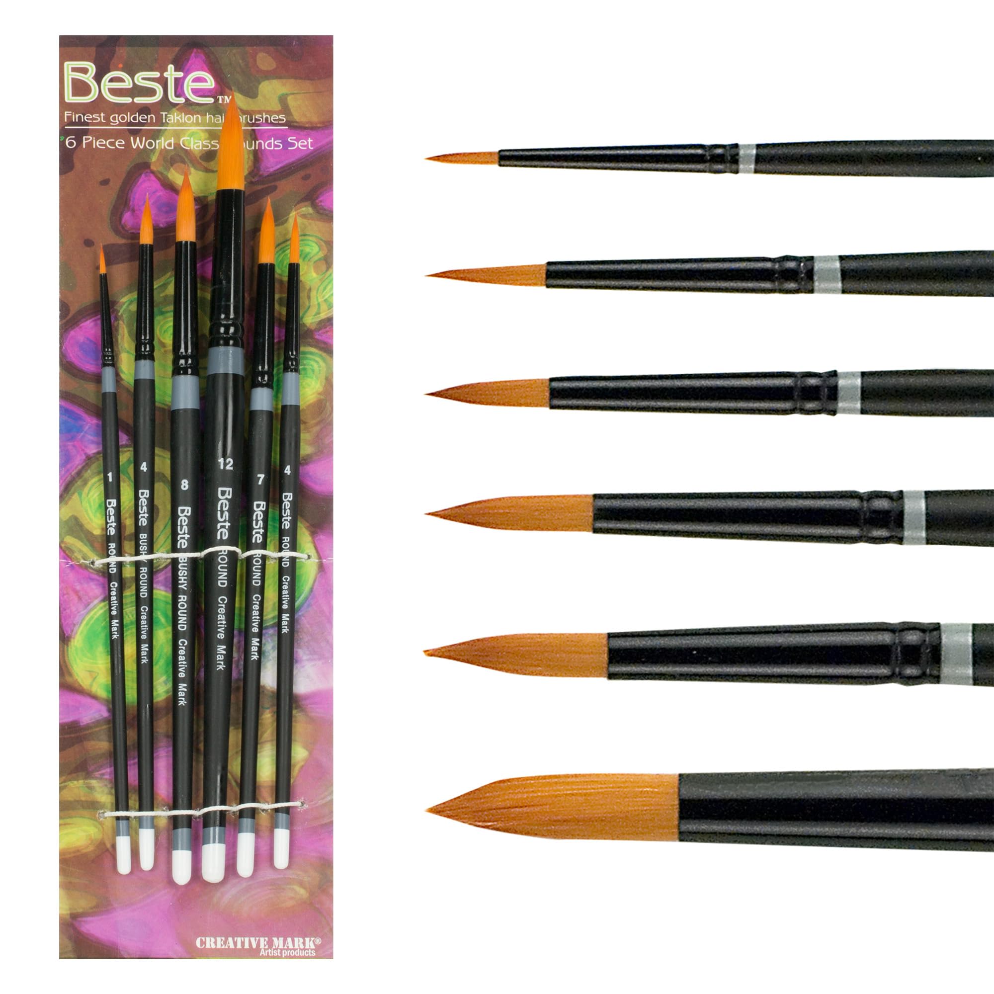 Beste Golden Taklon Assorted Round Set of 6 Artist Brush, Professional Watercolor Brushes, for Acrylic Painting, Short Handle, Sharp Edges, Hand-Tied & Shaped