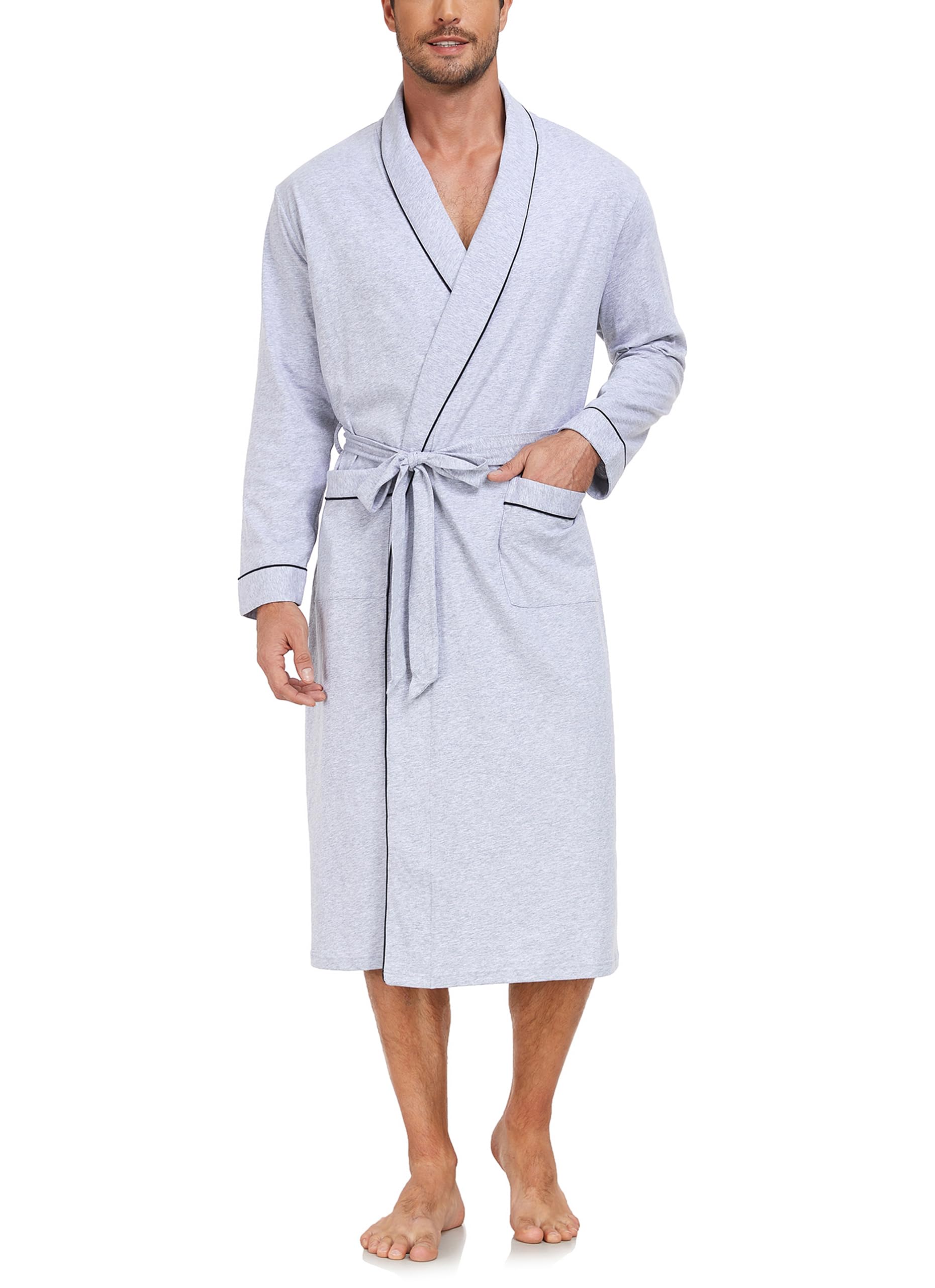 EA'S SECRET Herren Bademantel 100% Baumwolle Leichter Strick-Spa-Bademantel für Sommer Langes Schlafgewand mit Taschen klassischem Schalkragen