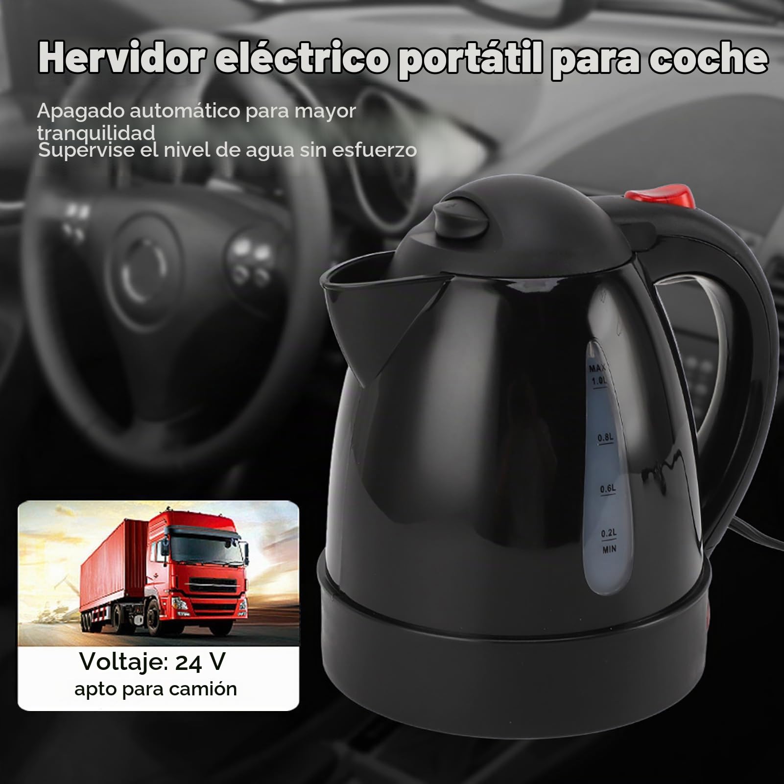 Hervidor de Agua de Viaje de 24V, 1000ml, Hervidor Eléctrico Portátil para Coche, Calentador de Agua de 250W con Encendedor de Cigarrillos a Escala para Autocaravanas y Camiones