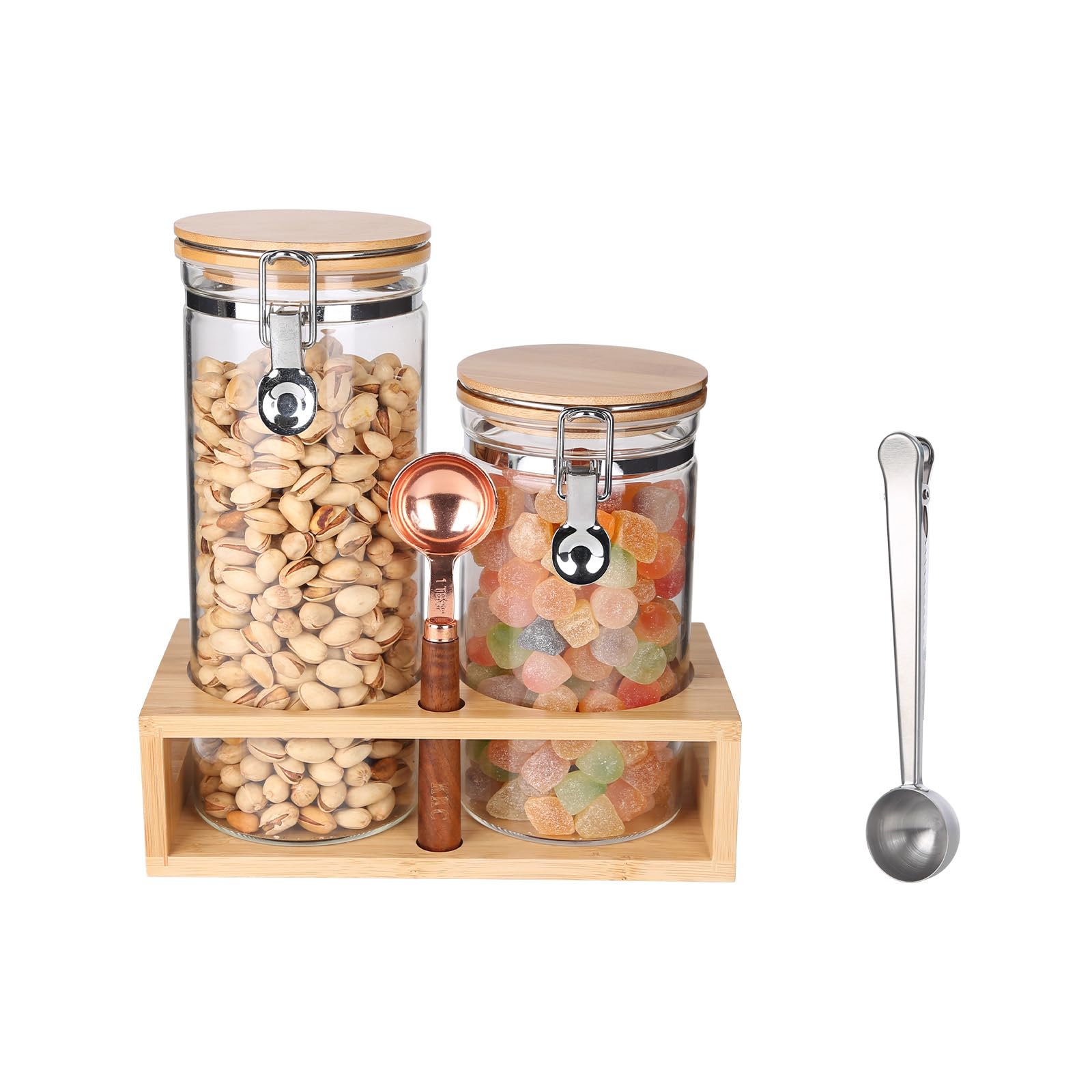 KKC Vorratsgläser mit Deckel Glas für Kaffeebohnen - Kaffeedose Luftdicht 500g mit Regal - Vorratsdosen Glas für Hafer/Müsli/Nudeln/Loser Tee/Reis/Nüsse/Mehl Aufbewahrung 2er Set 1200ml und 1500ml