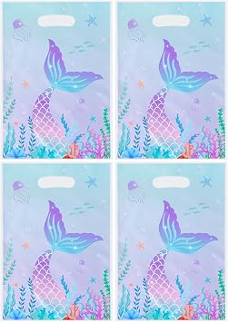 Agaommio 40PCS Mermaid Party Favor Bags Christmas Gift Bag Under the Sea Plastic Gift Bag Goodie Bags Mermaid Tail Treat Bag with Handles for Girls Kids Birthday Party Supplies 6.3"x 9.45"